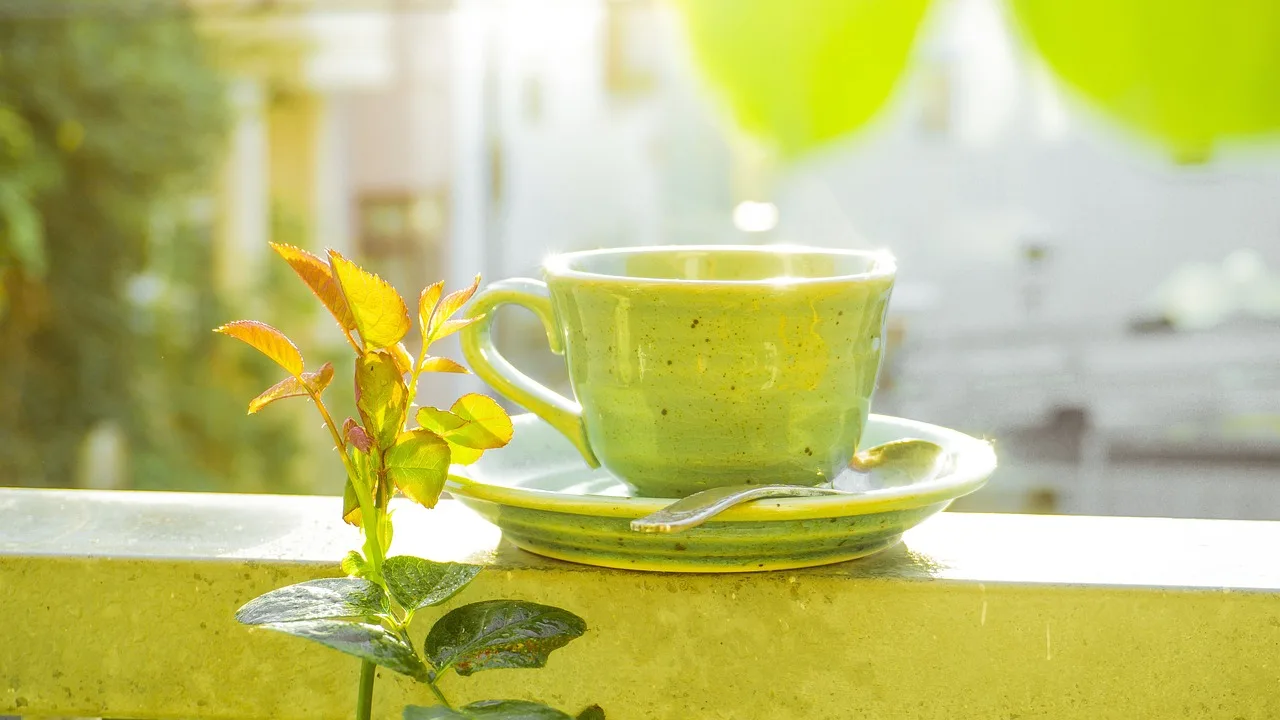 Çay fincanı balkonunda gün doğumu manzarası