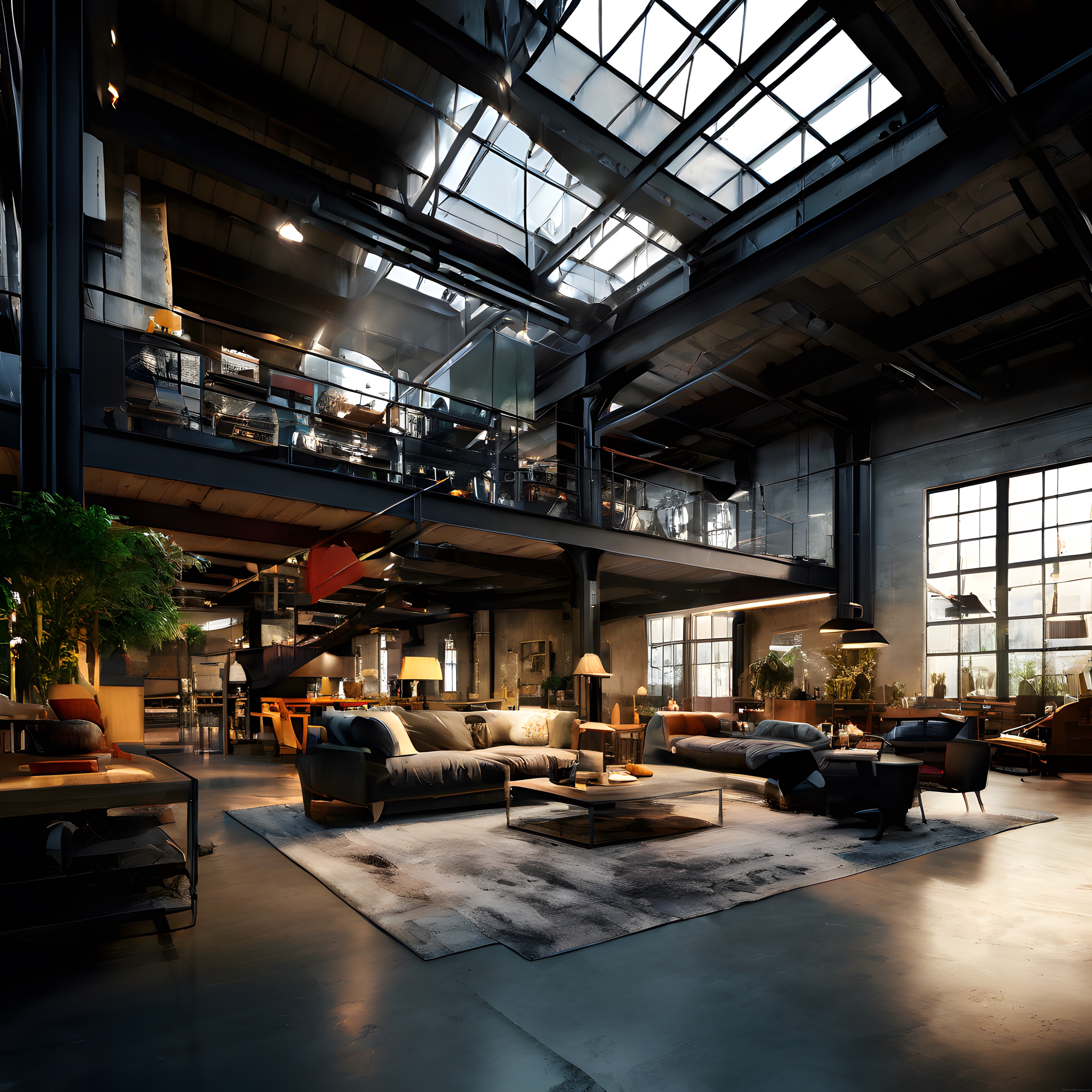 Çelik Kirişli Yüksek Tavanlı Sanayi Loft İç Mekan Tasarımı ve Dekorasyonu