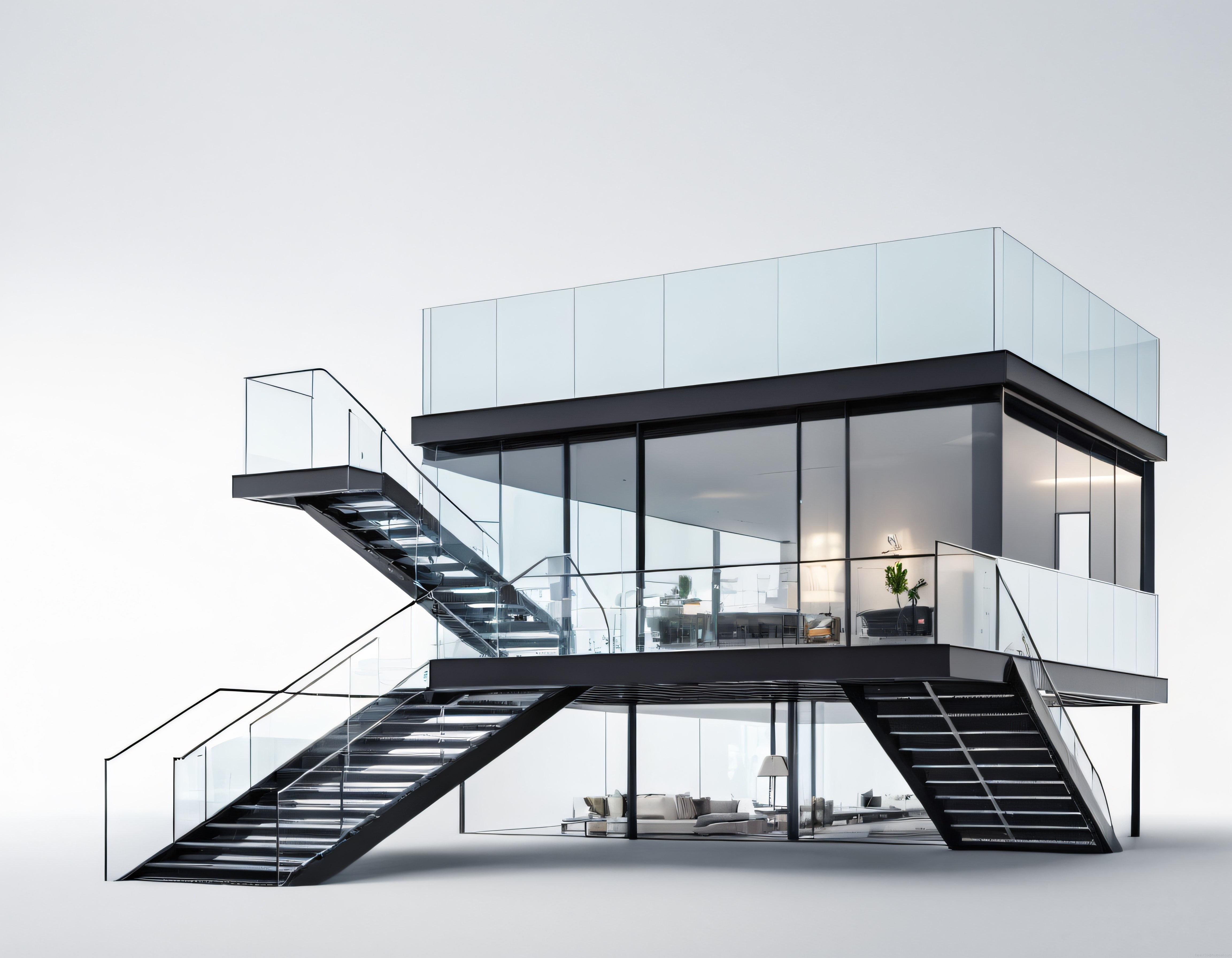 Çelik ve camdan minimalist modern villa ile geometrik dış merdiven tasarımı