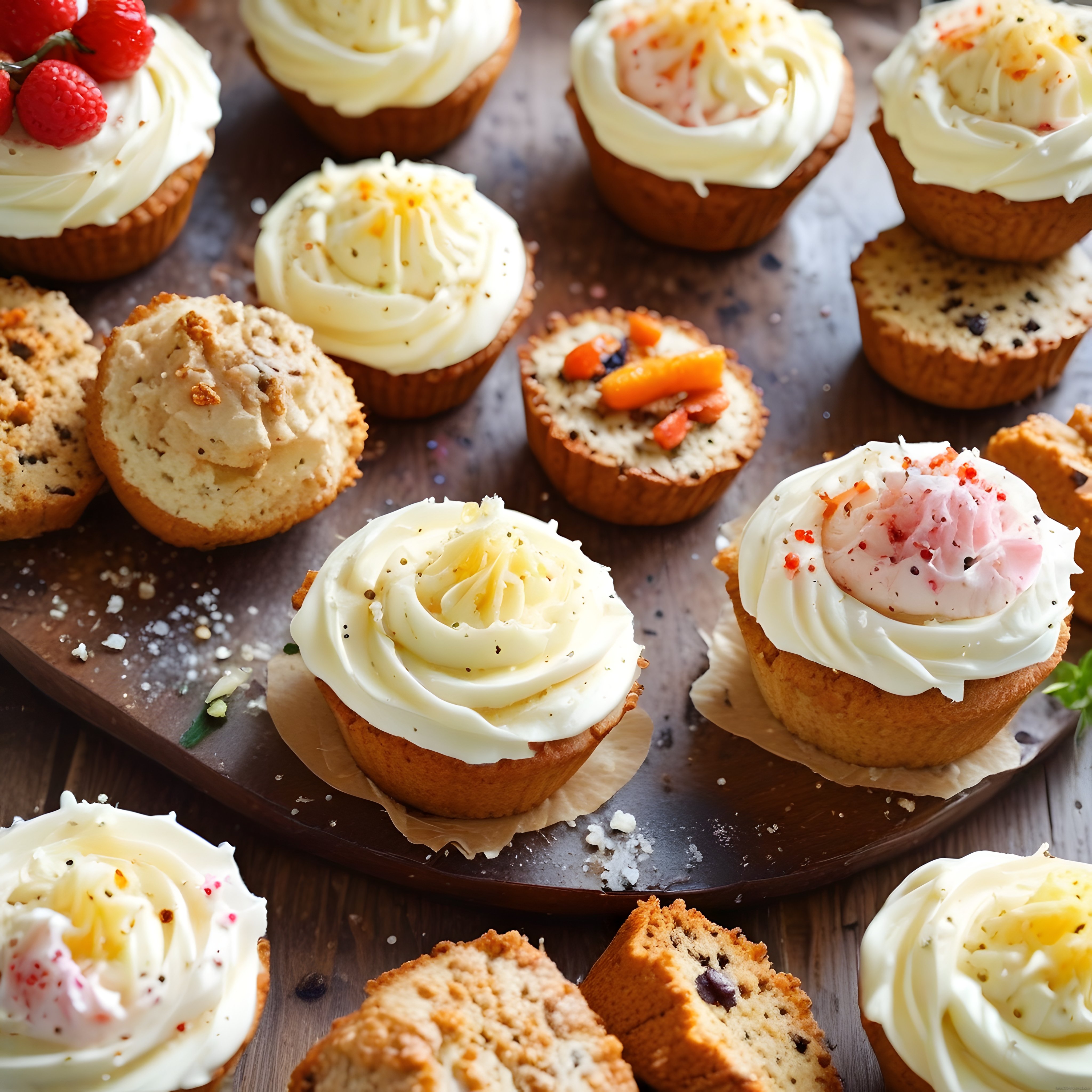 Çeşitli Krema ve Meyve Süslemeli Cupcake ile Mini Tartların Güzel Sunumu