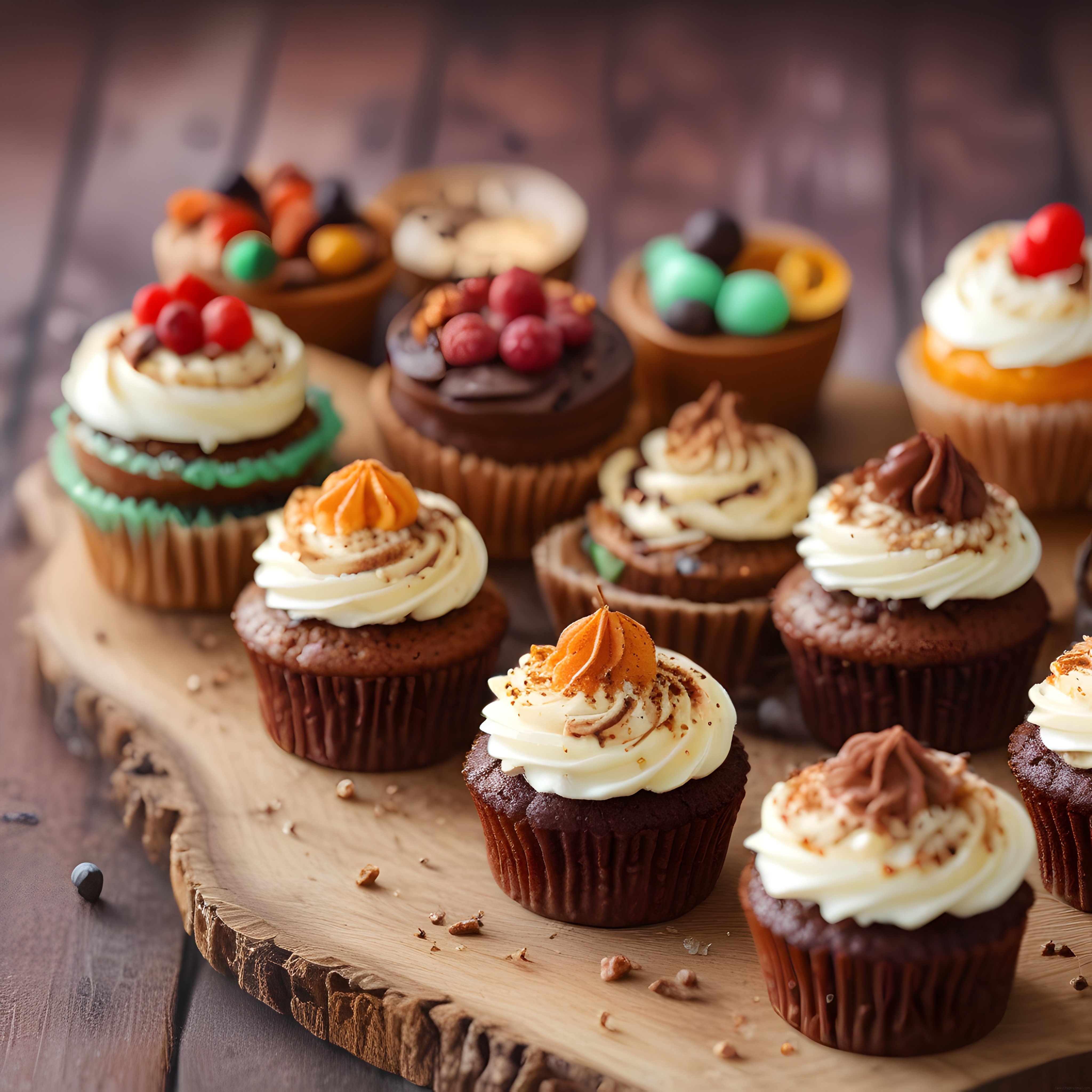 Çeşitli Kremalı Cupcake Çeşitleri Ahşap Tepsi Üzerinde Renkli Mini Pastalar