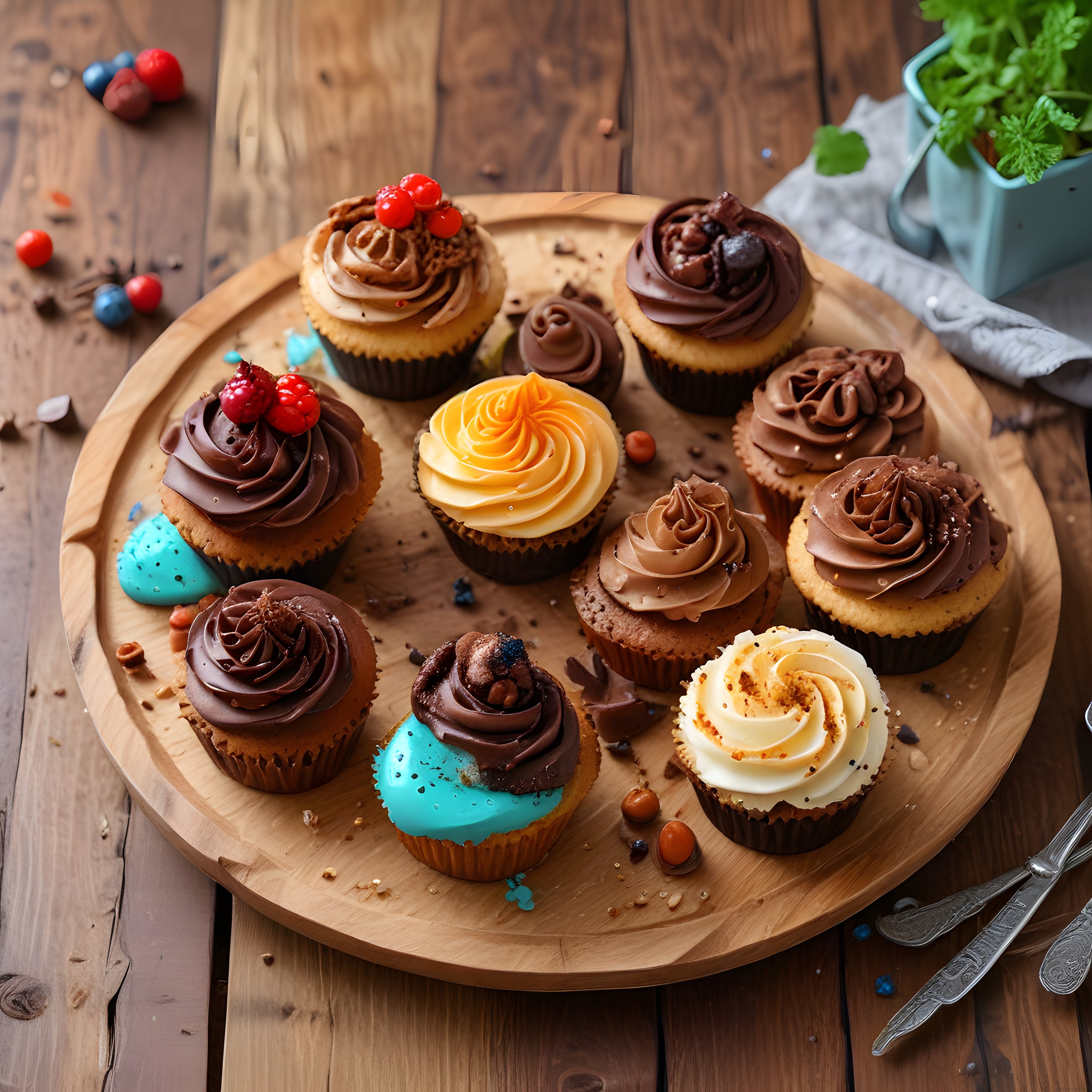 Çeşitli Kremalı Cupcake'ler: Ahşap Sunum Tahtasında Renkli Mini Pastalar