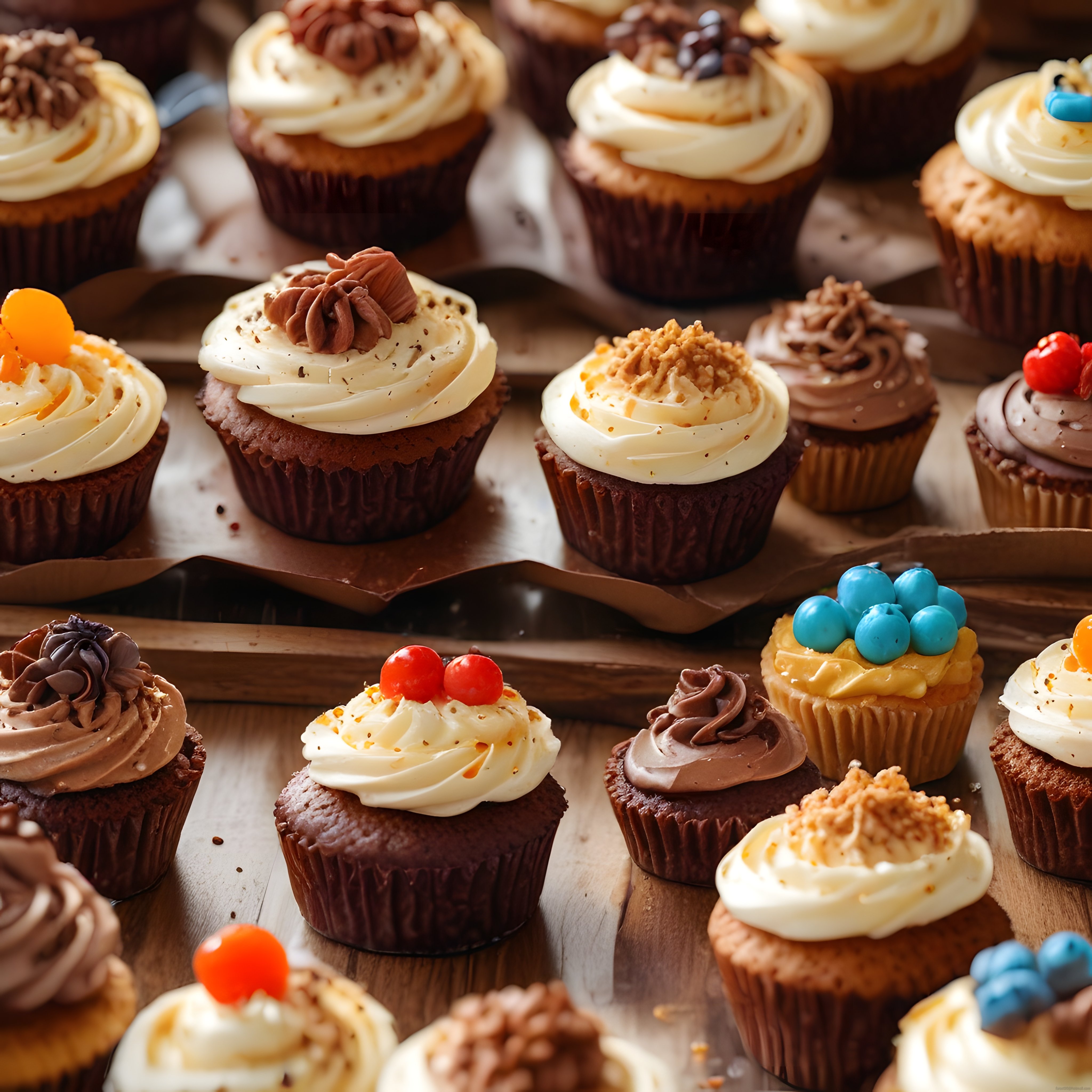Çeşitli Kremalı Cupcake'ler: Çikolatalı ve Renkli Bonbonlu Tatlı Şöleni