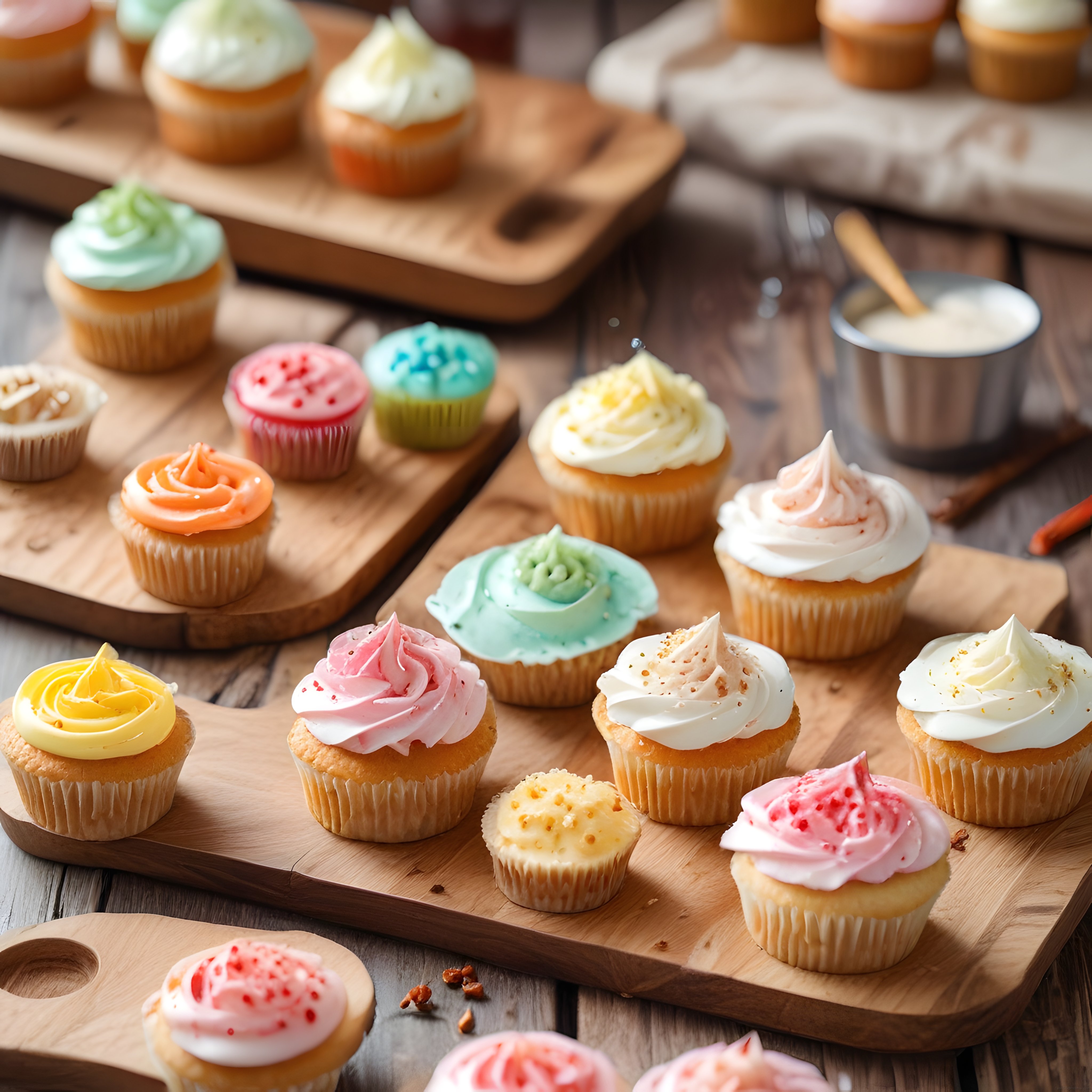 Çeşitli Renkli Krema Süslemeli Cupcake'ler Ahşap Sunumda Pastane Keyfi