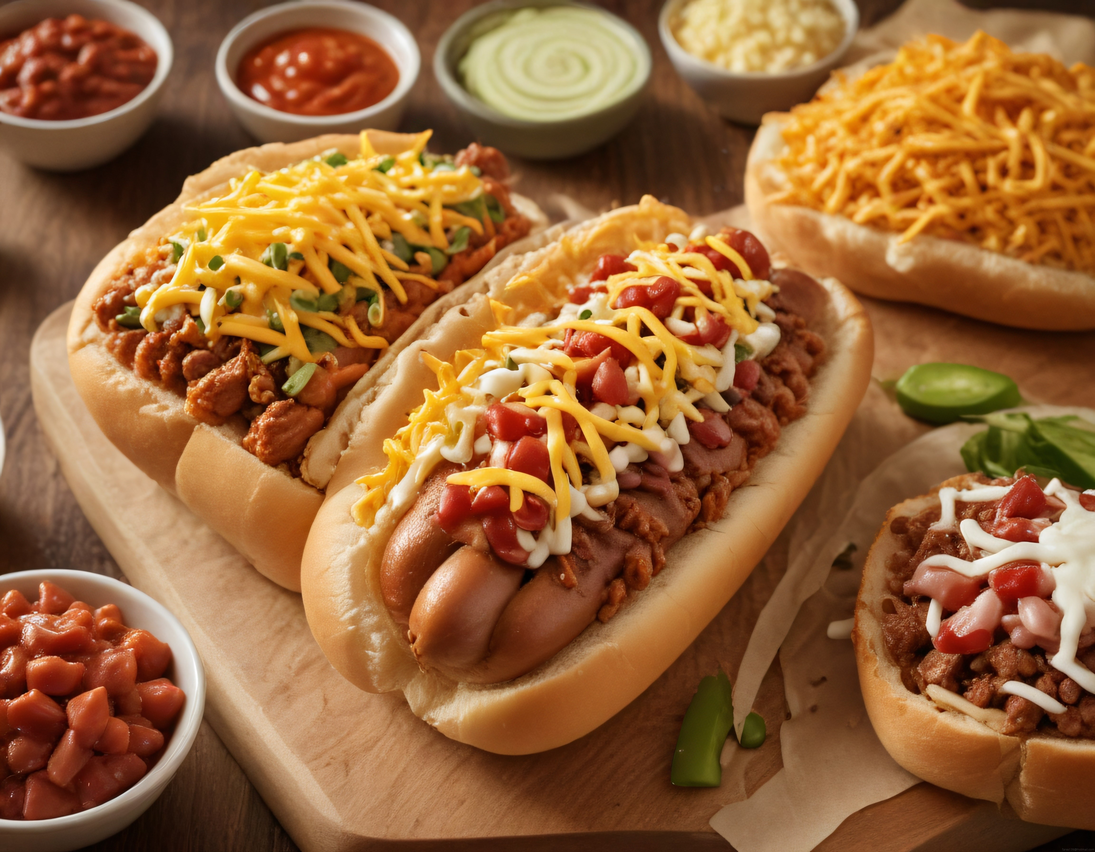 Çeşitli Soslar ve Cheddar Peyniriyle Zenginleştirilmiş Hot Dog Sunumu