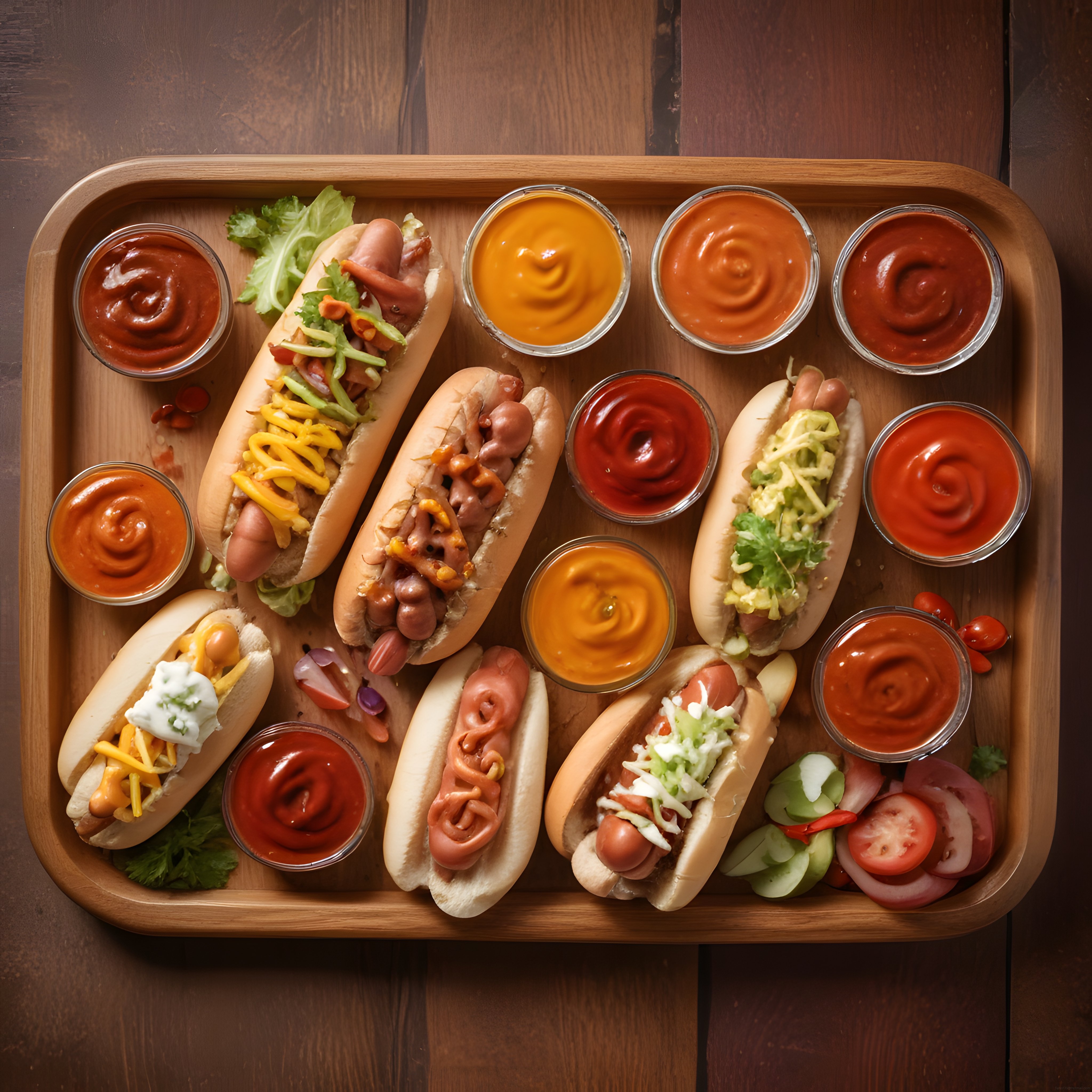 Çeşitli Soslar ve Farklı Malzemelerle Süslenmiş Gourmet Hot Dog Tepsisi