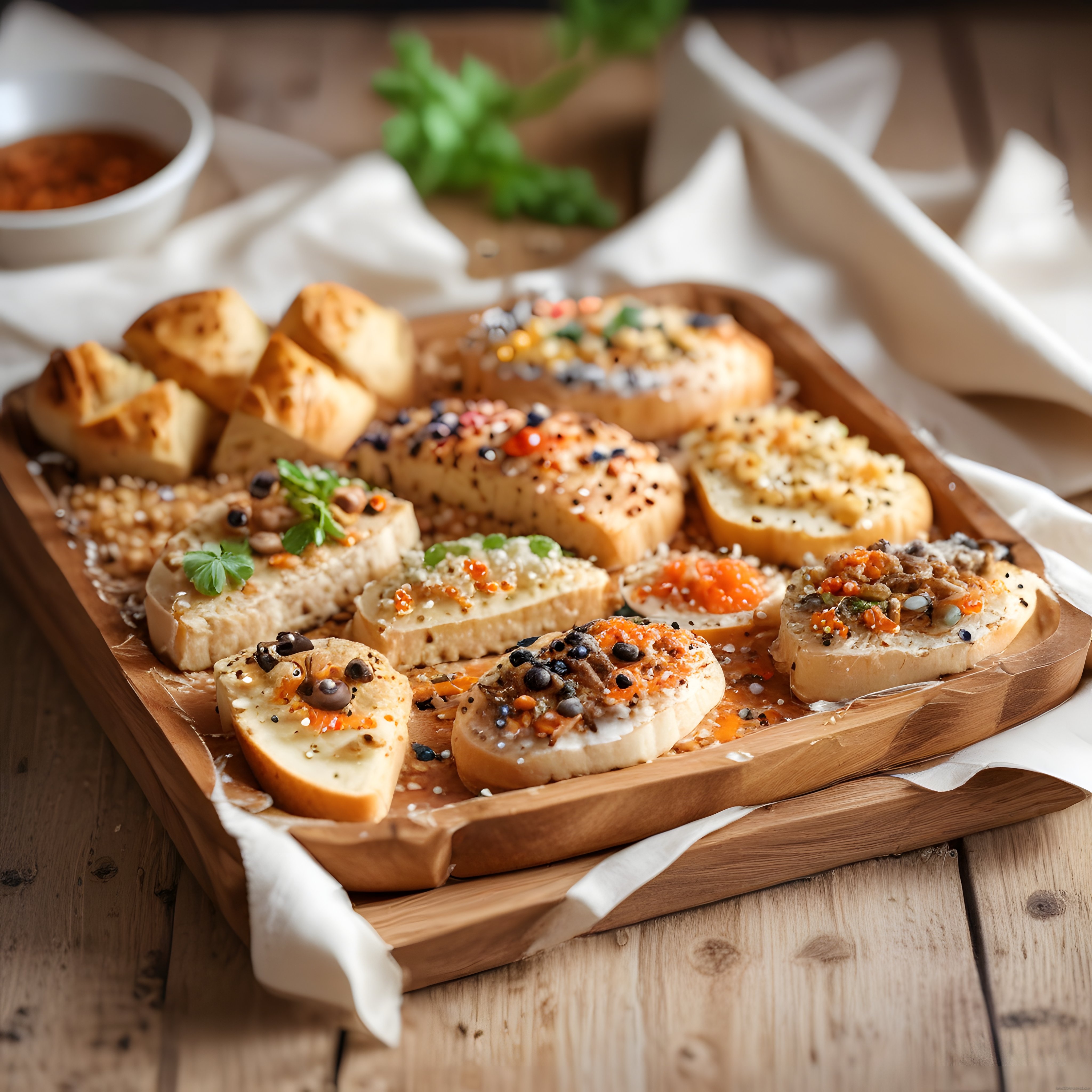 Çeşitli Soslarla Süslenmiş Ahşap Sunum Tahtasında İtalyan Bruschetta