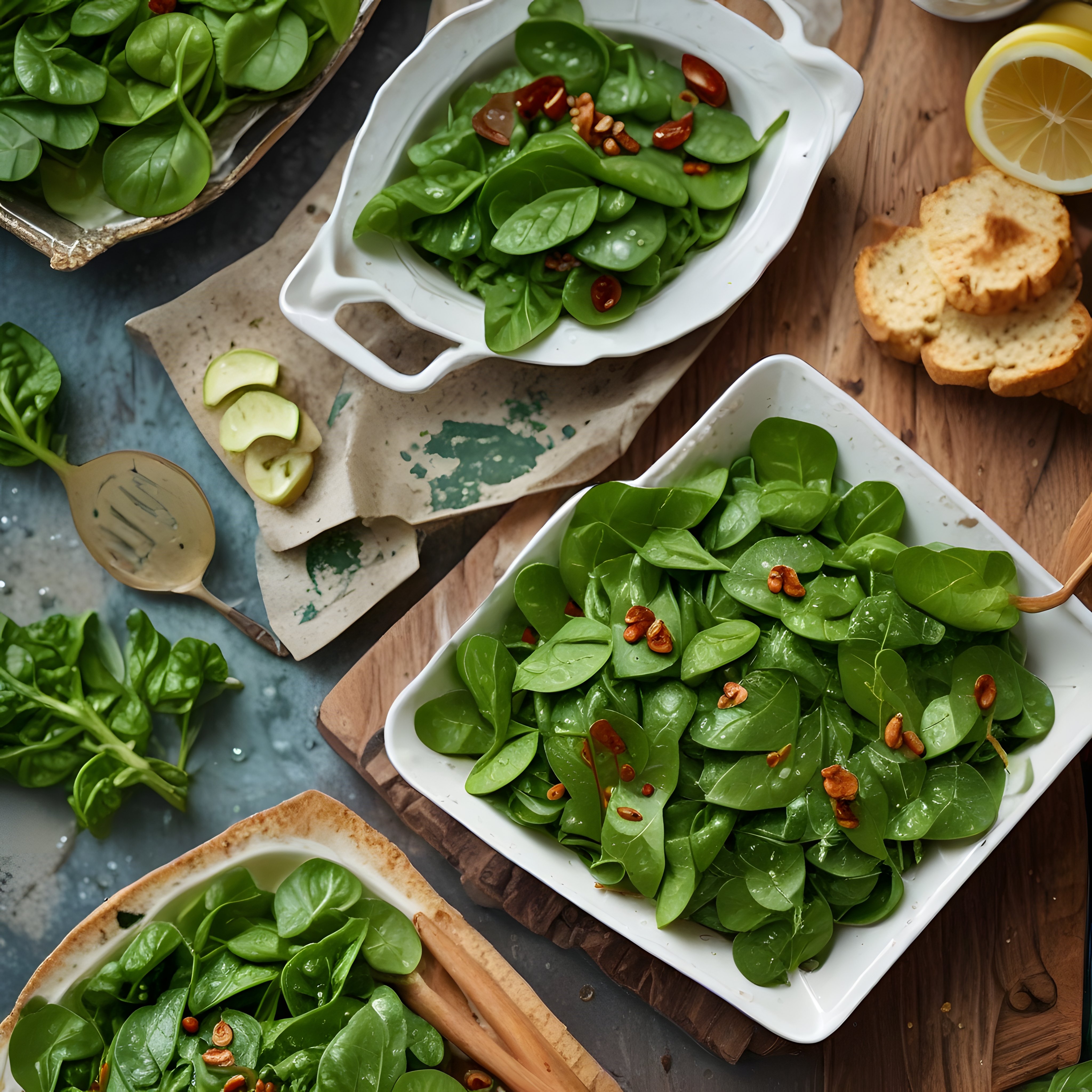 Cevizli ıspanak salatası ve limon dilimleri, beyaz servis tabaklarında