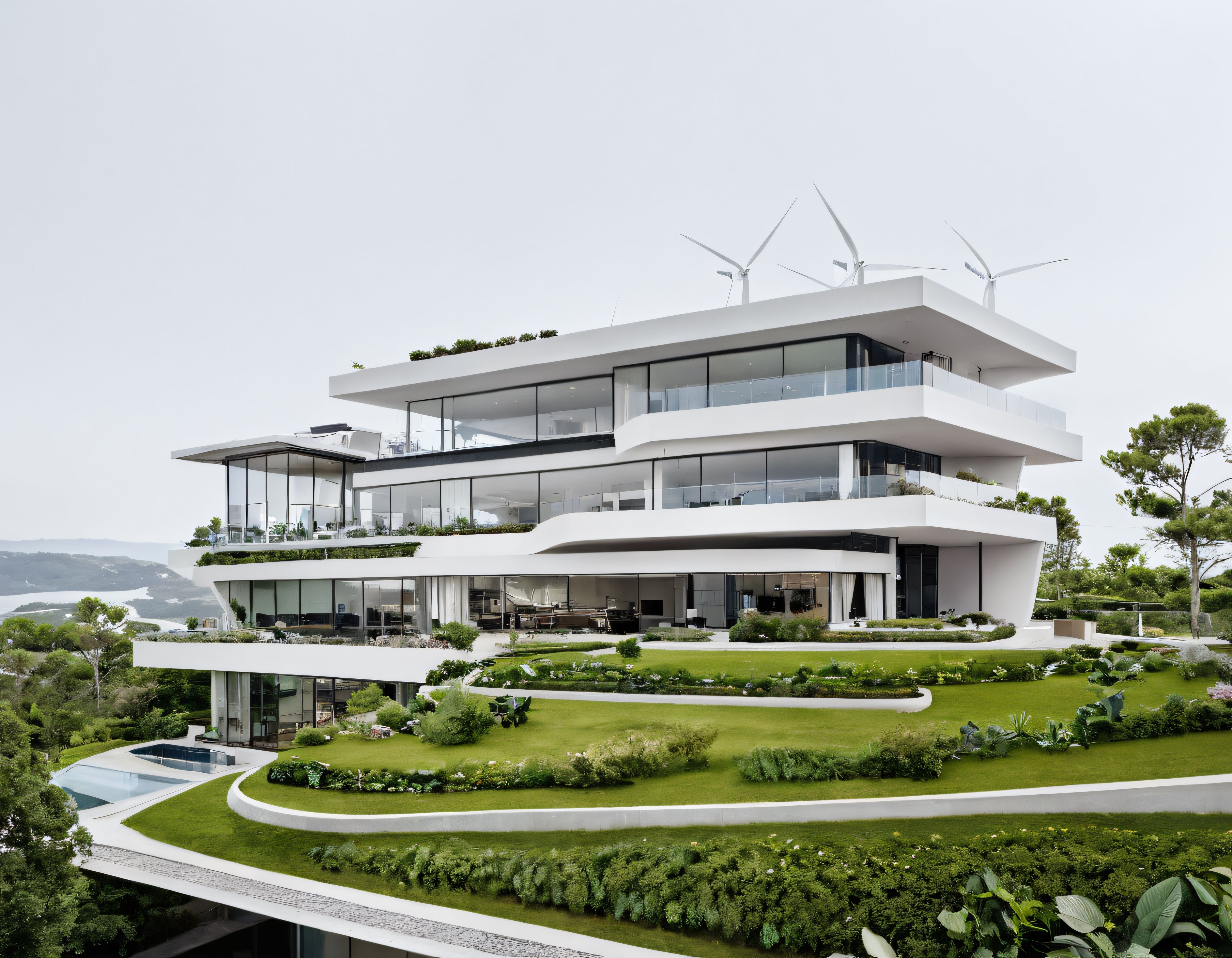 Çevre Dostu Rüzgar Türbinli Modern Lüks Villa ve Manzara Bahçesi
