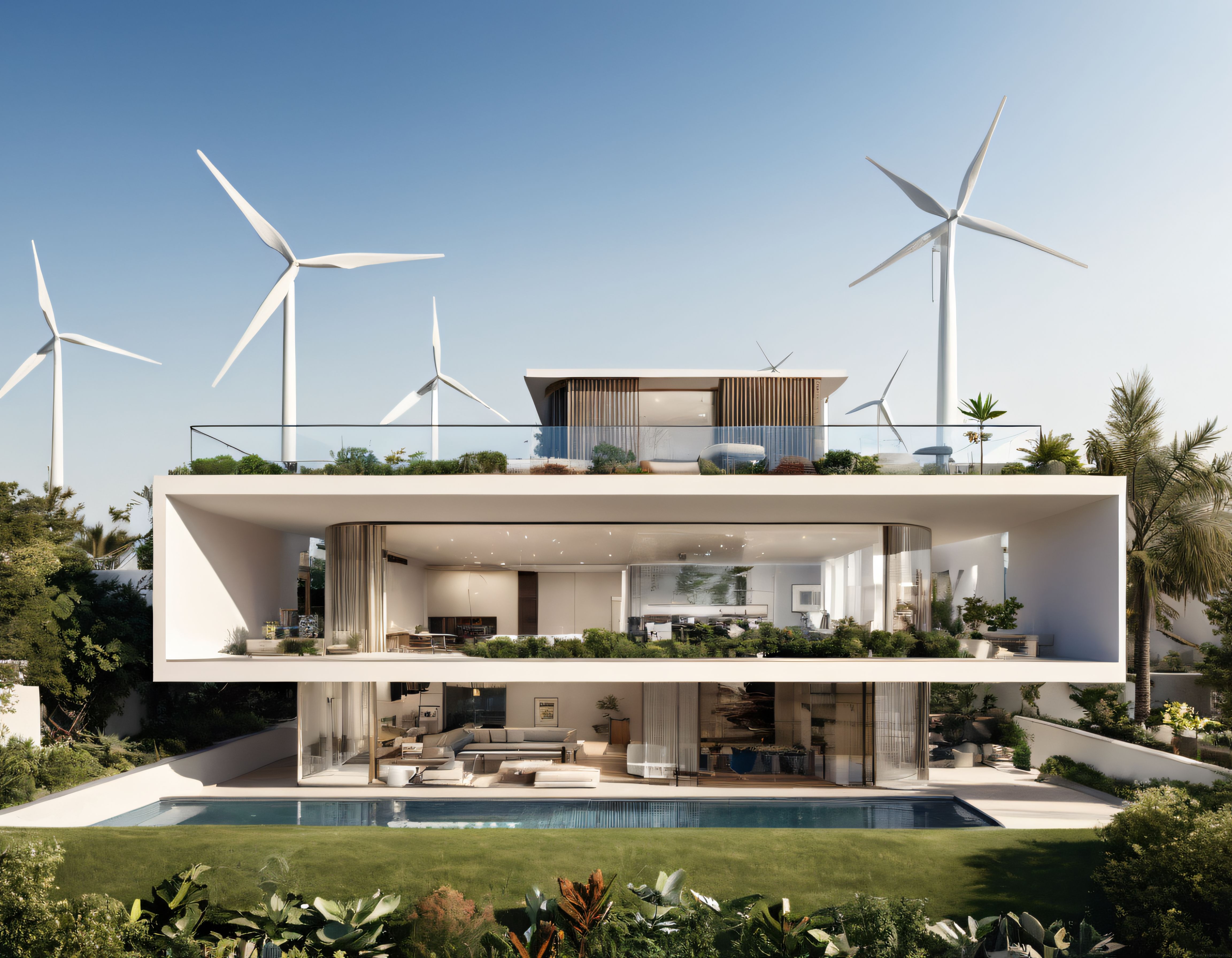 Çevre dostu rüzgar türbinli modern villa, havuz ve bahçe manzarası