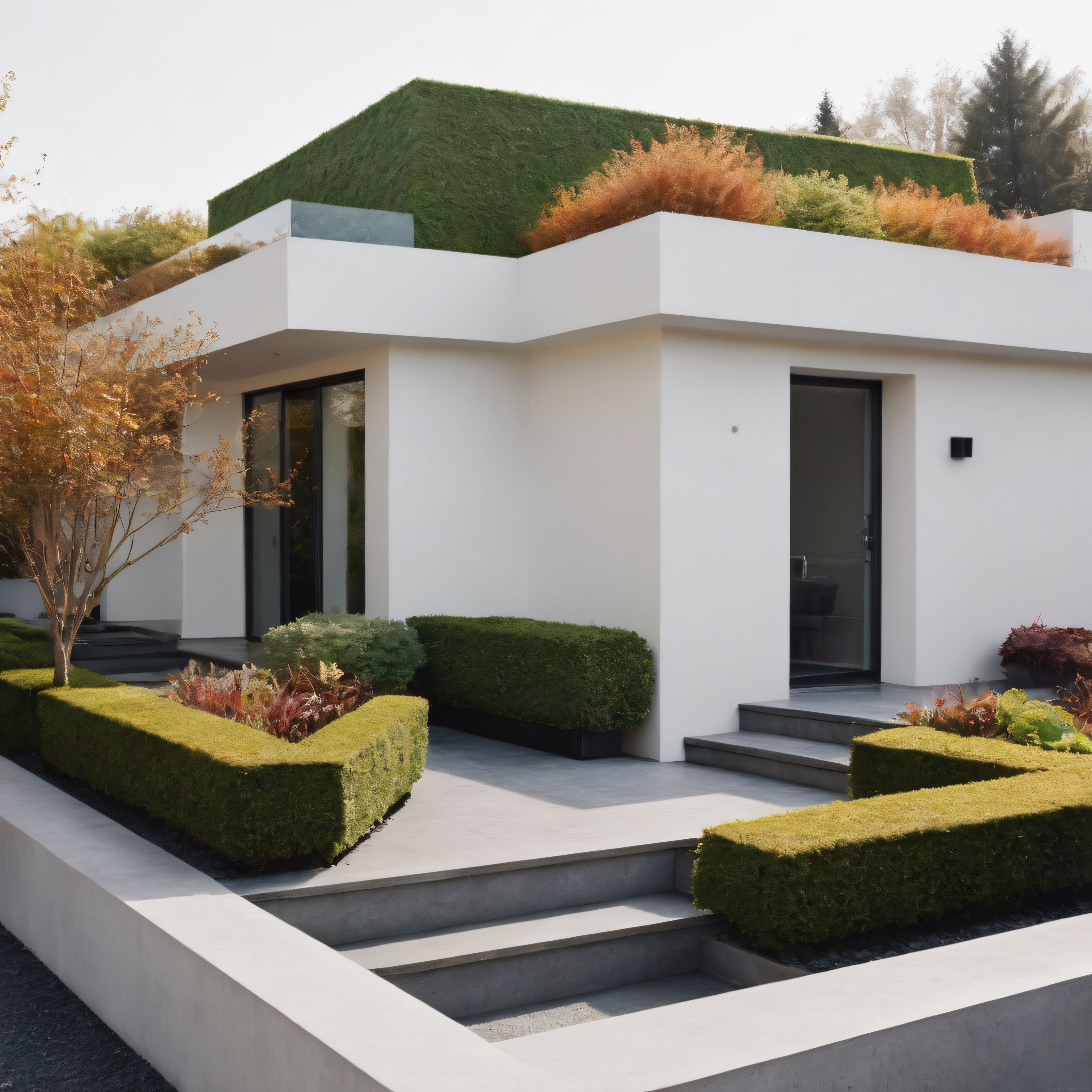 Çevre Dostu Yeşil Çatılı Modern Ev ve Minimalist Bahçe Düzenlemesi