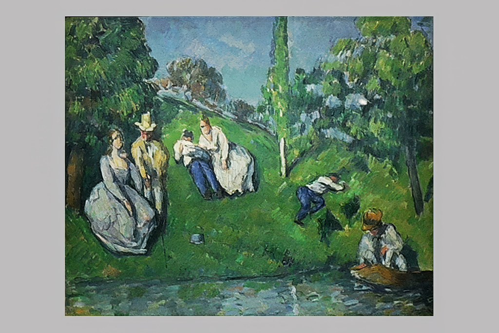 Cézanne tarzı göl kenarında yeşillikler içinde piknik yapan insanlar tablosu