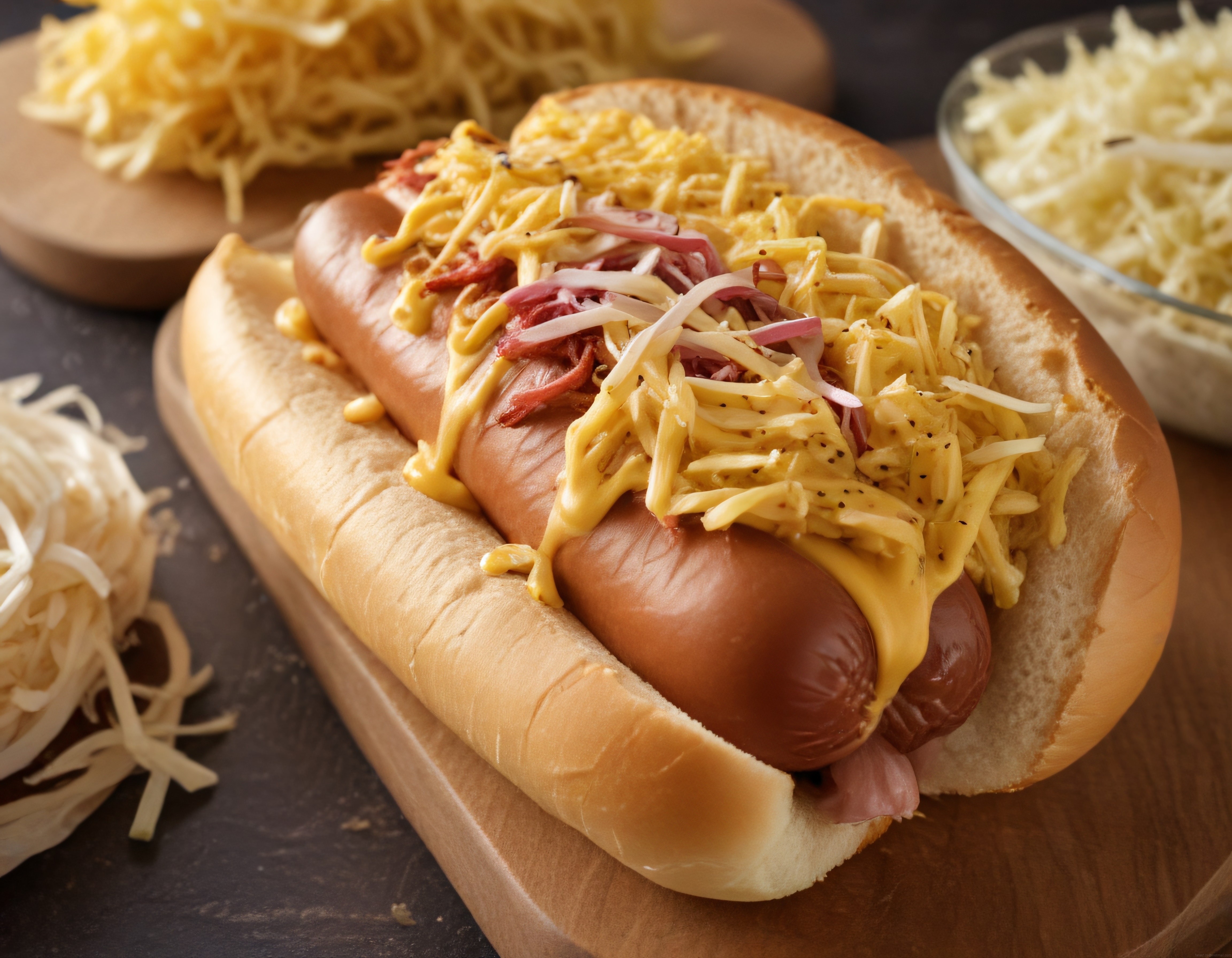 Cheddar Peynirli Pastırmalı ve Hardallı Ekmek Arası Sosisli Sandviç