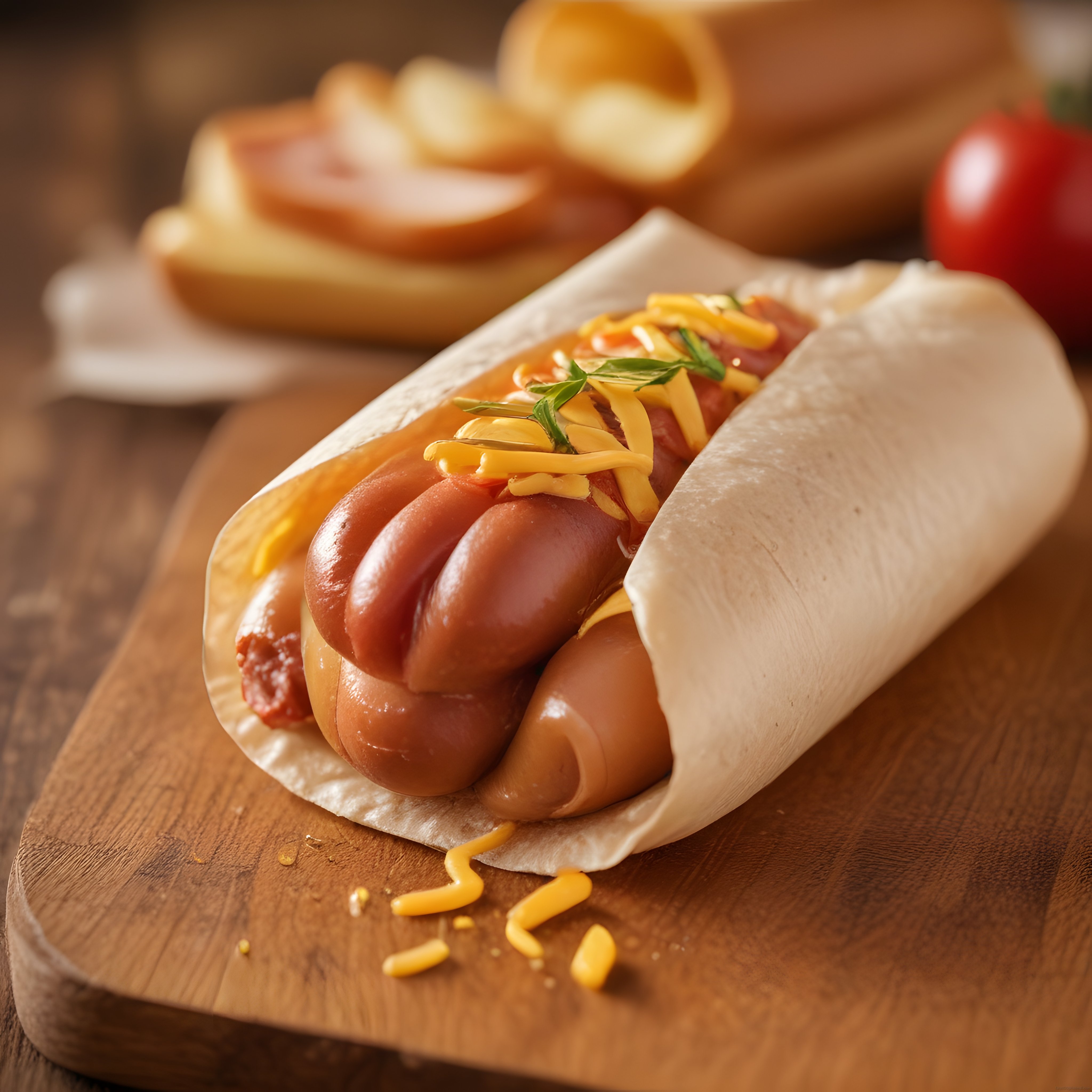 Cheddar Peynirli Sosisli Sandviç ve Ahşap Sunum Tahtasında Atıştırmalık