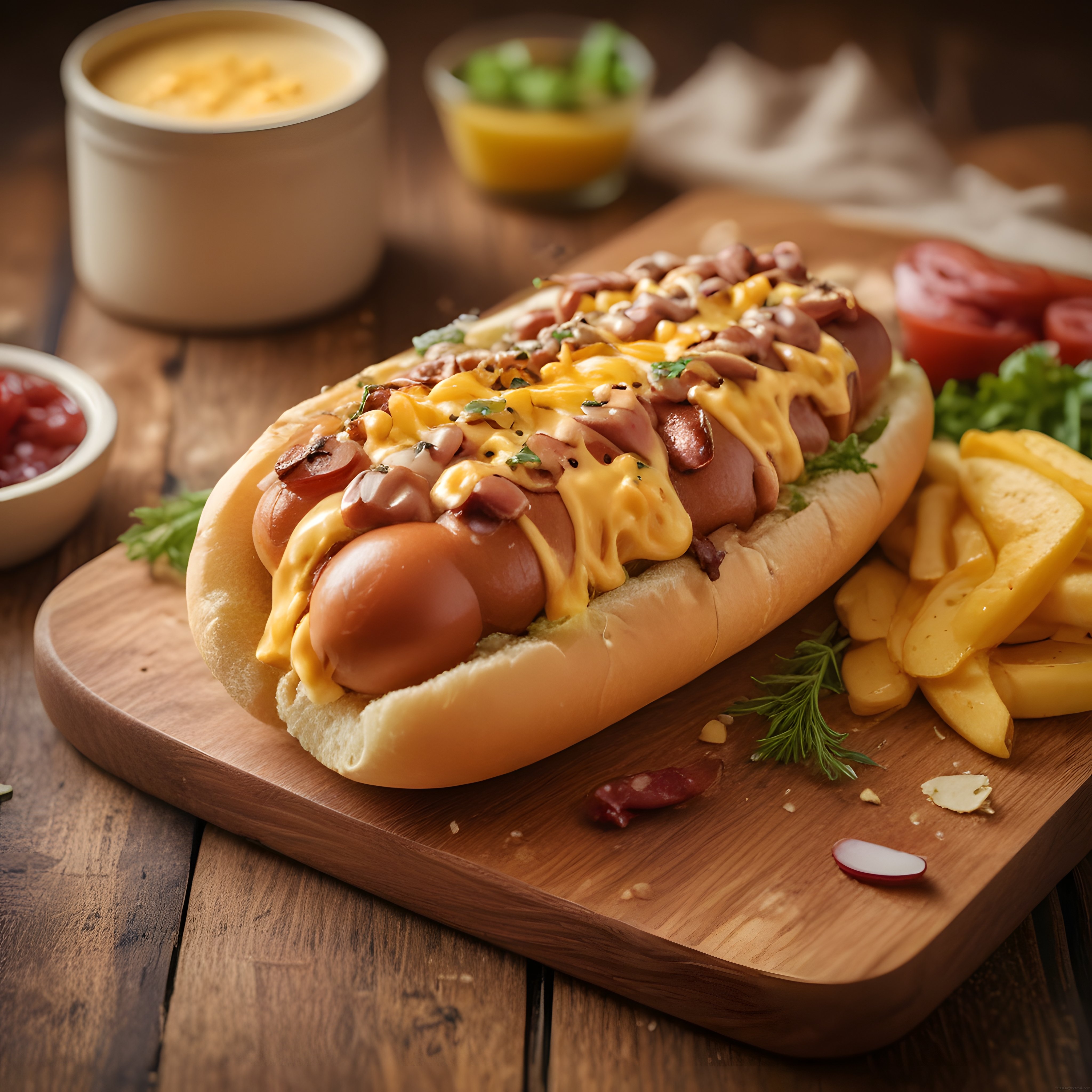 cheddar soslu ve kızarmış soğanlı hot dog ile çıtır patates kızartması