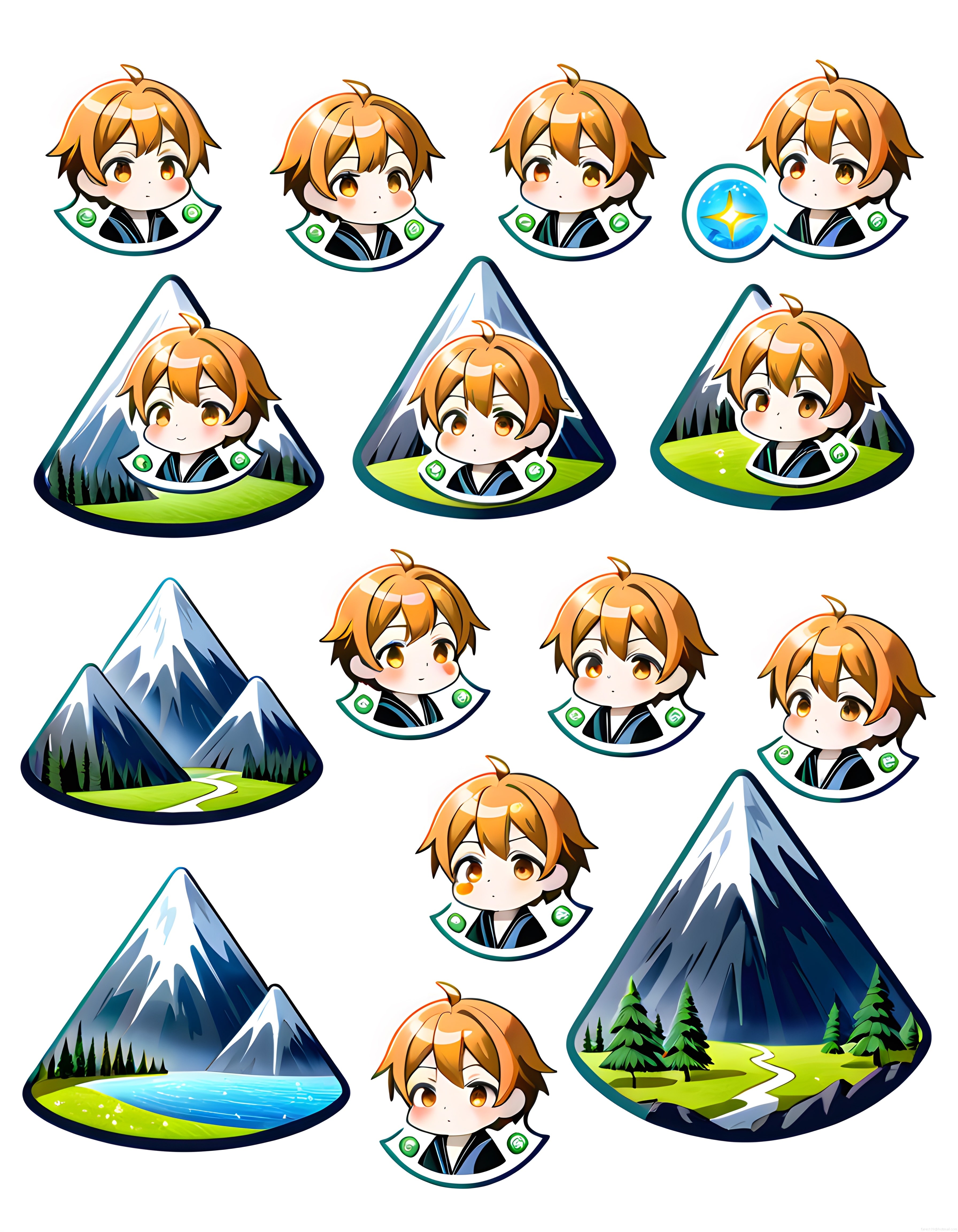 Chibi Anime Erkek Karakteri ve Üçgen Dağ Manzaralı Dijital Çizim Koleksiyonu