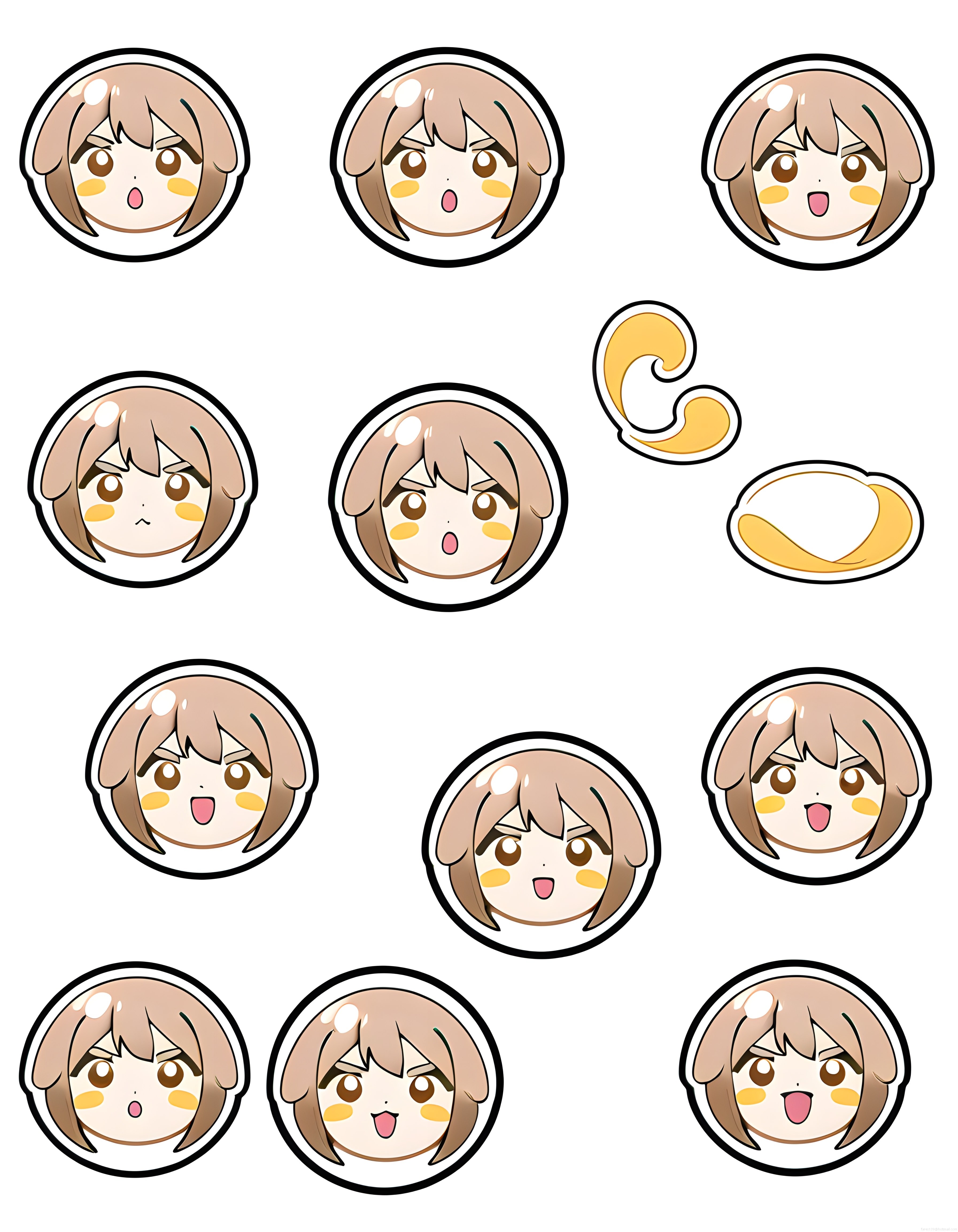 chibi anime karakterinin farklı duygularını gösteren yuvarlak sticker ve rozet seti