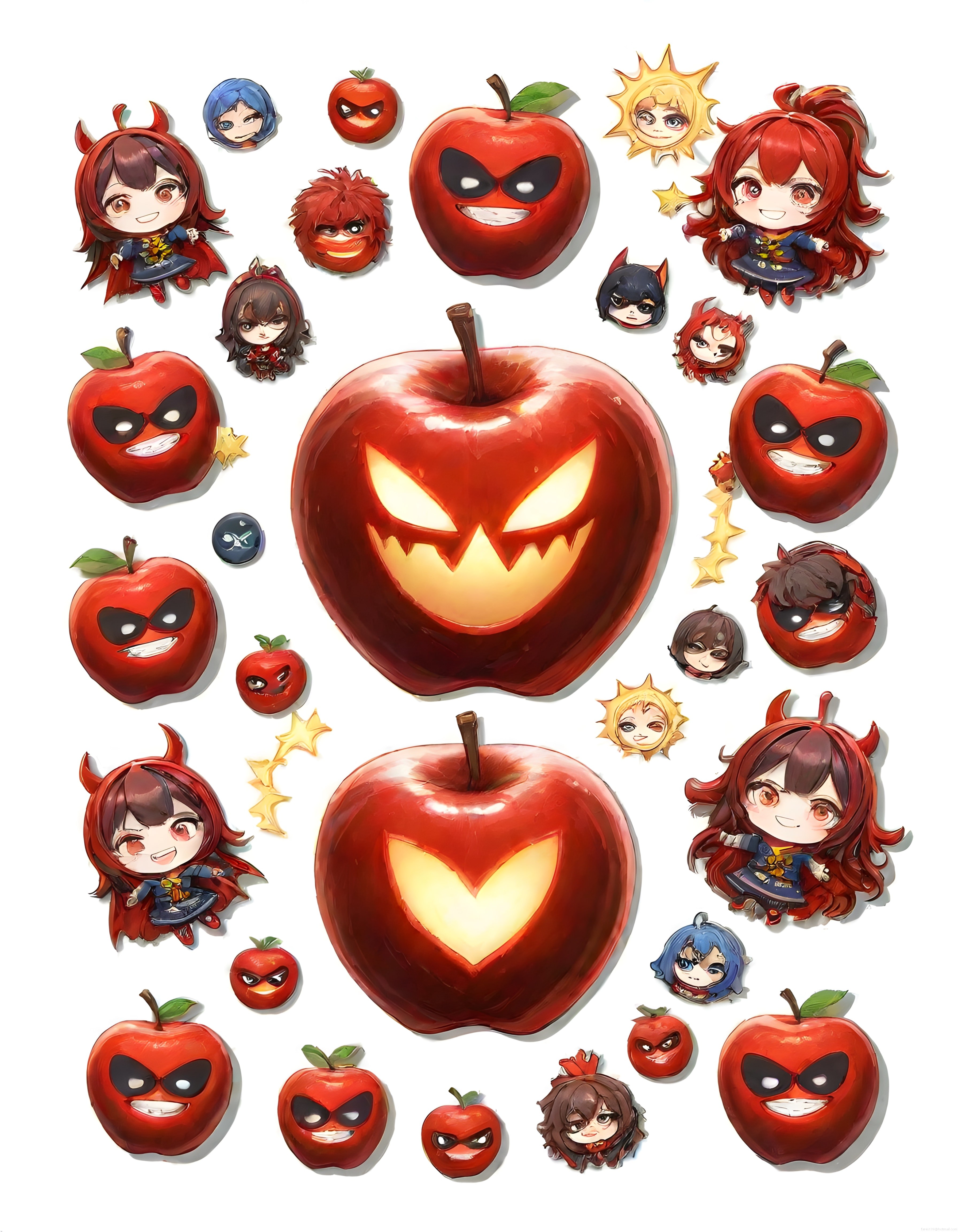 Chibi anime karakterler ve süper kahraman elmaların eğlenceli animasyon dünyası