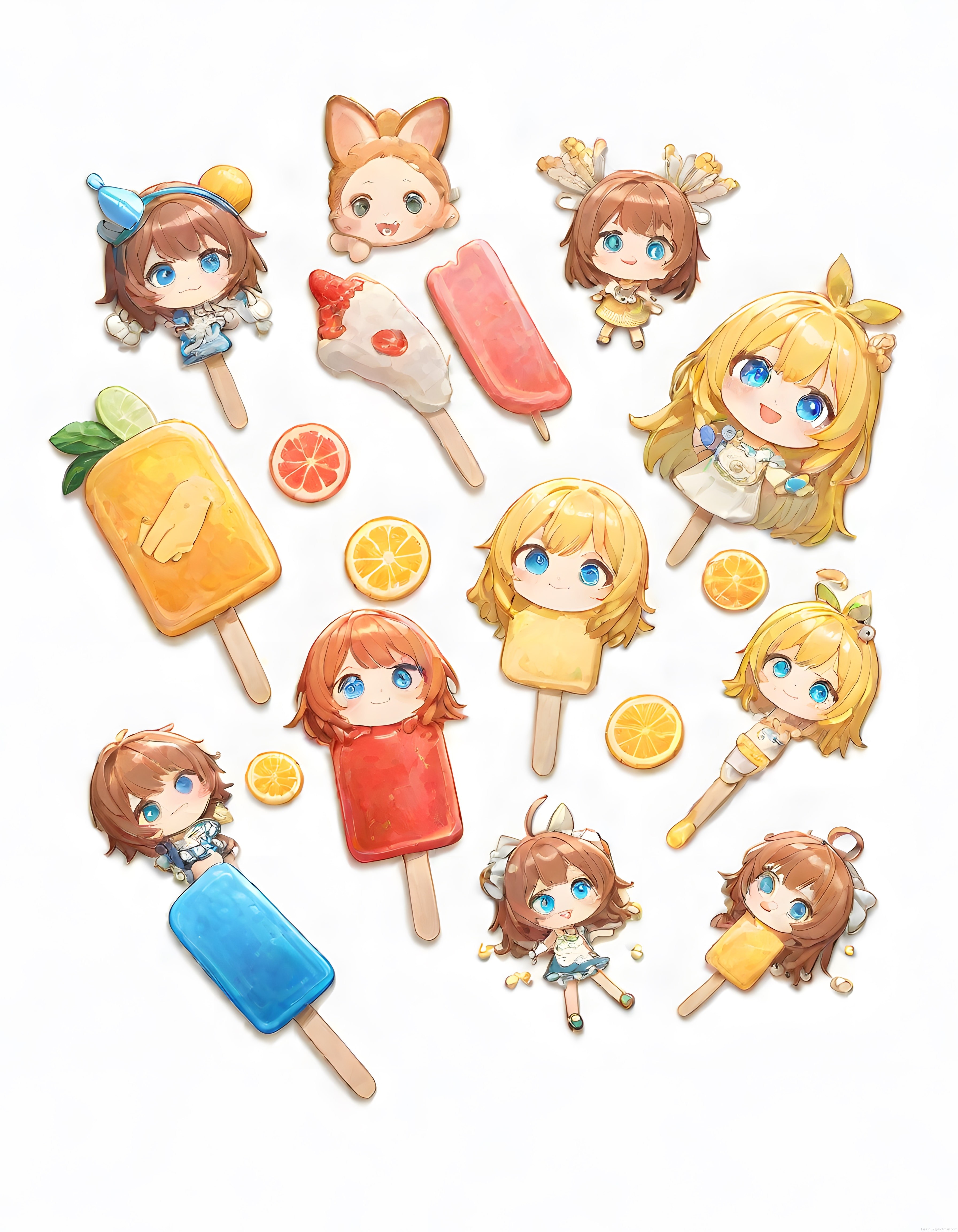 Chibi Anime Karakterleri: Meyveli Dondurma Şeklinde Yaz Temalı Figürler