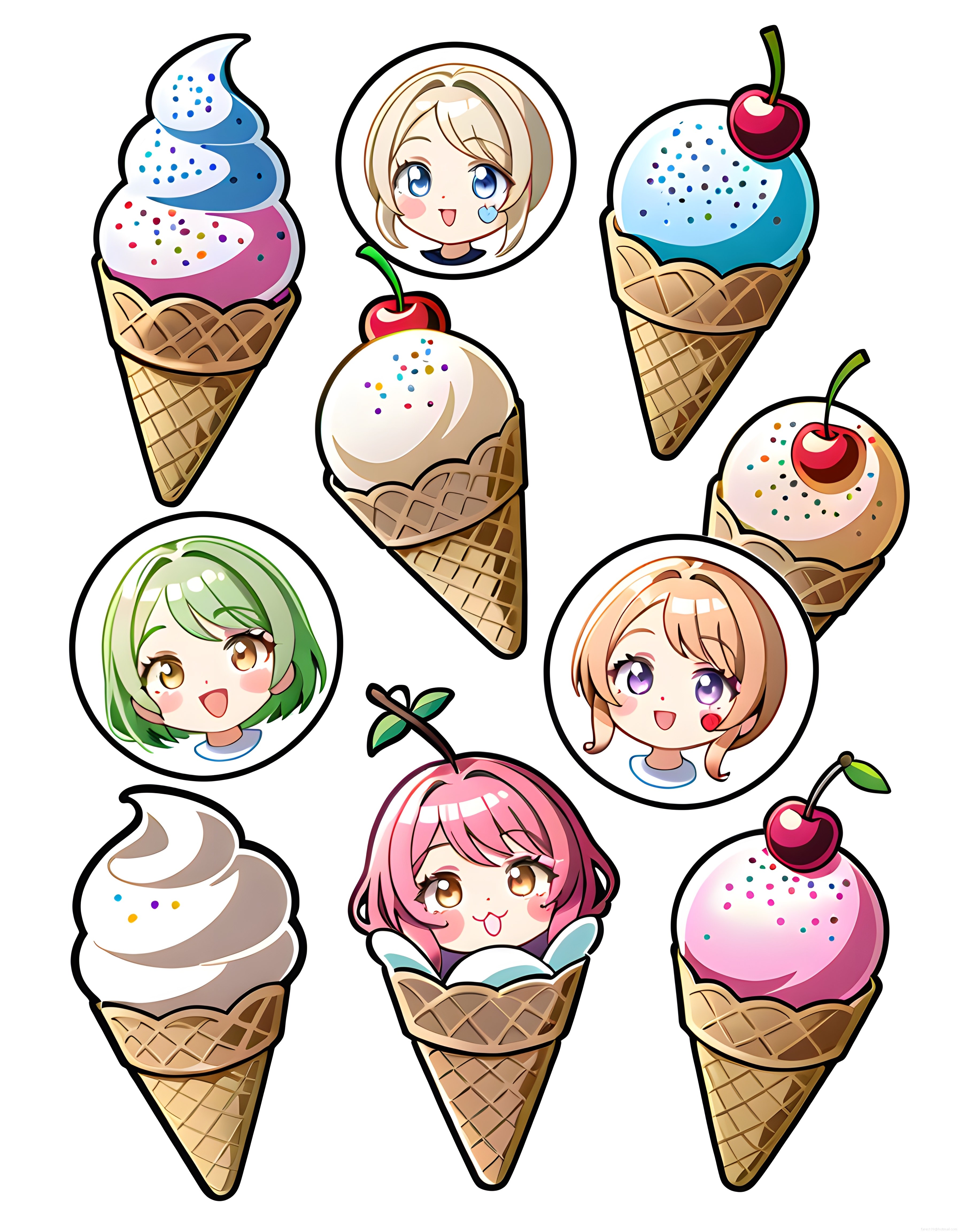 Chibi Anime Karakterleri ve Dondurma Konilerinden Oluşan Sevimli Çizim Seti