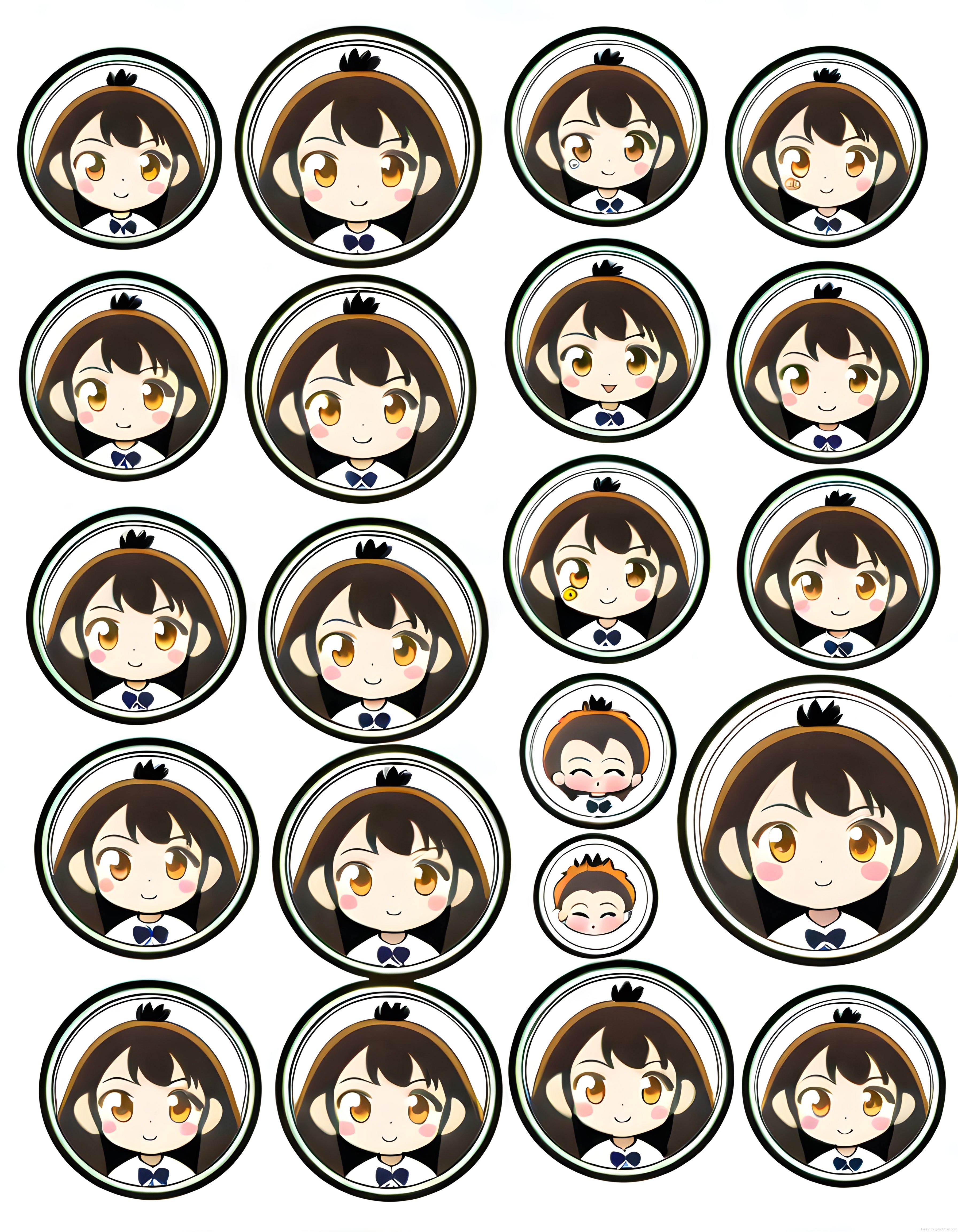 chibi anime kız karakter yuvarlak rozet seti farklı ifadelerle sevimli avatar