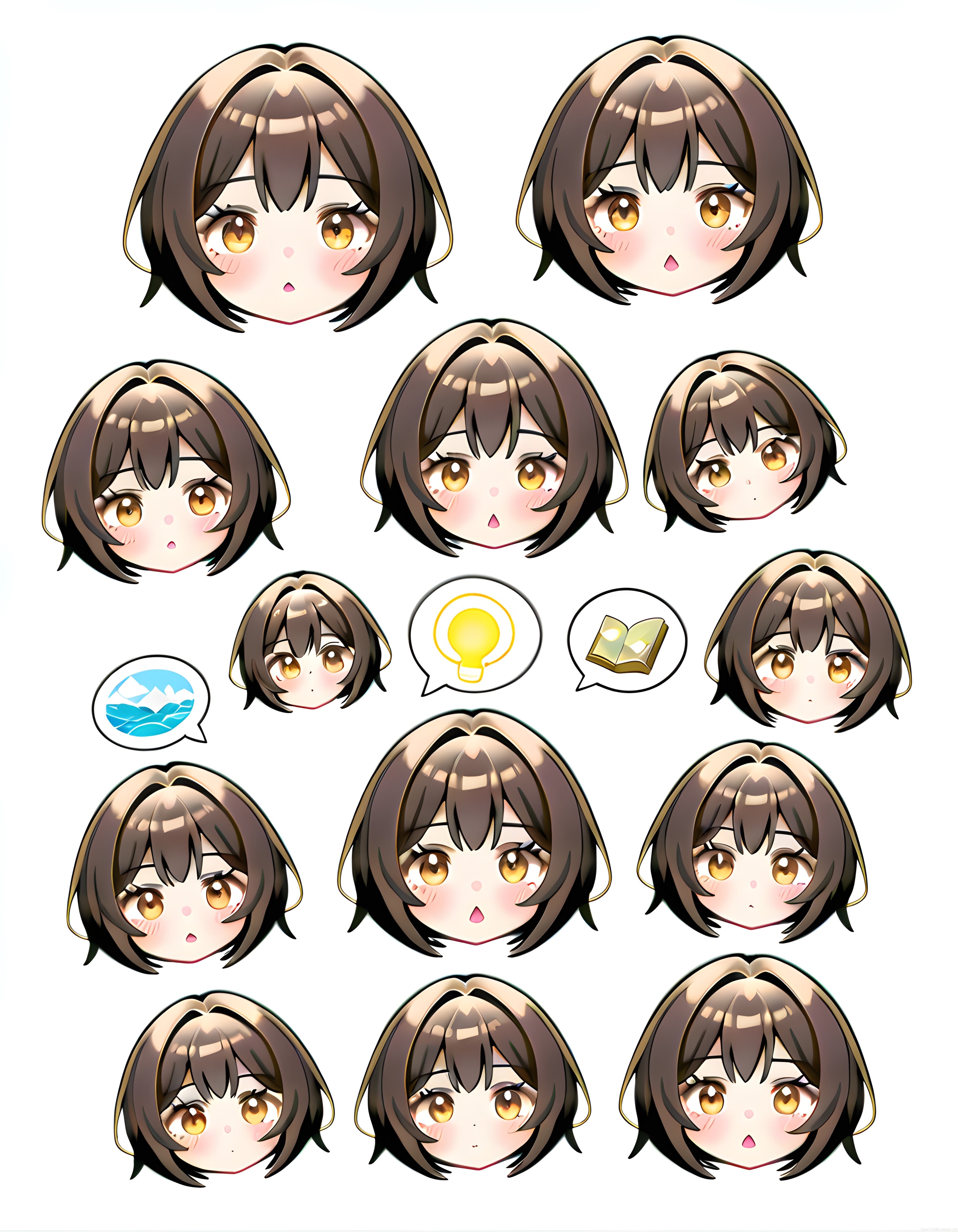 Chibi anime kız karakteri için çeşitli duygu ve yüz ifadeleri çizimleri
