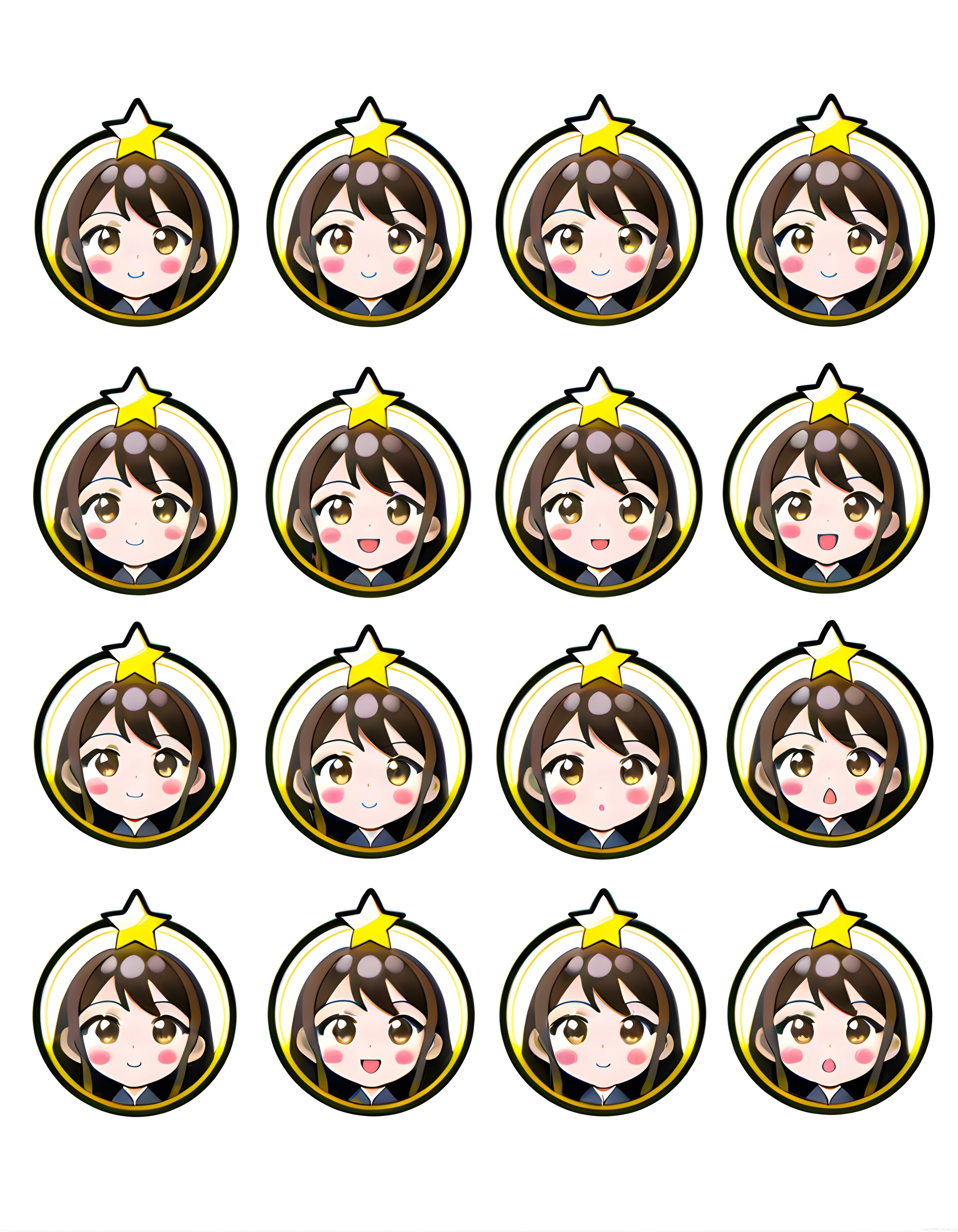Chibi Anime Kız Karakterinin Farklı Duygu ve Yüz İfadesi Rozet Koleksiyonu