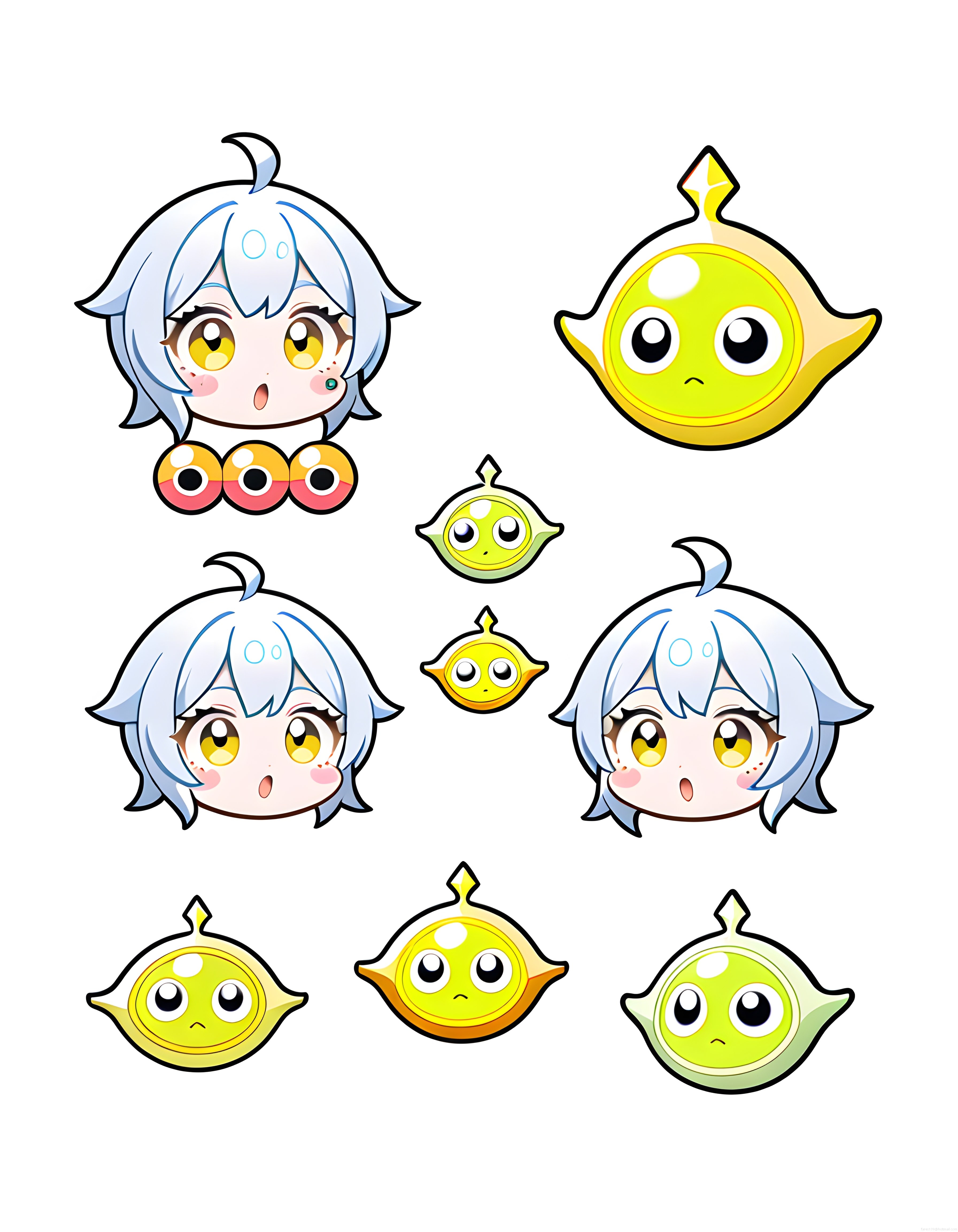 Chibi Anime Kız ve Sevimli Limon Yaratıklarıyla Dijital Sticker Seti Tasarımı