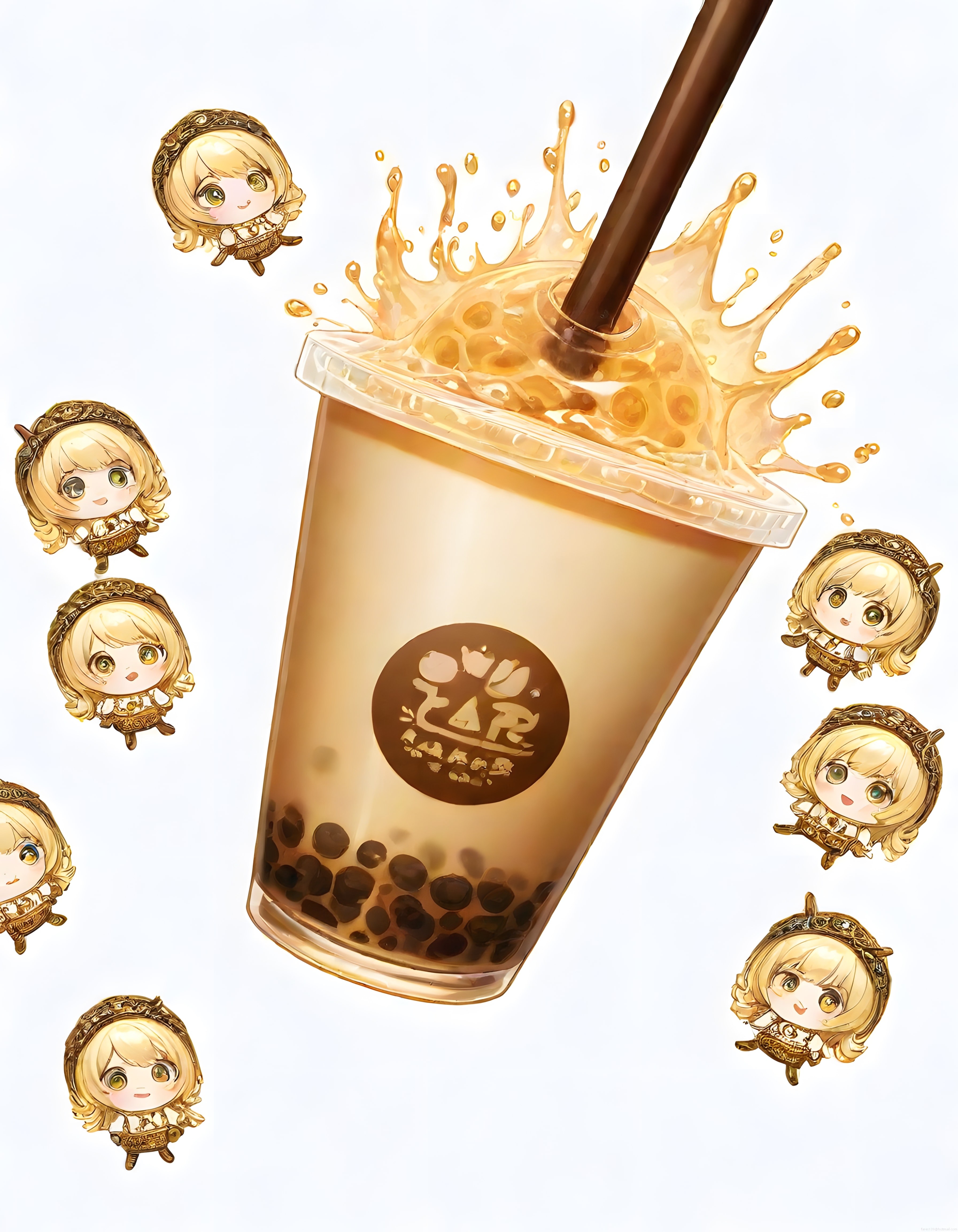 Chibi anime kızları ve bubble tea dijital sanat illüstrasyonu