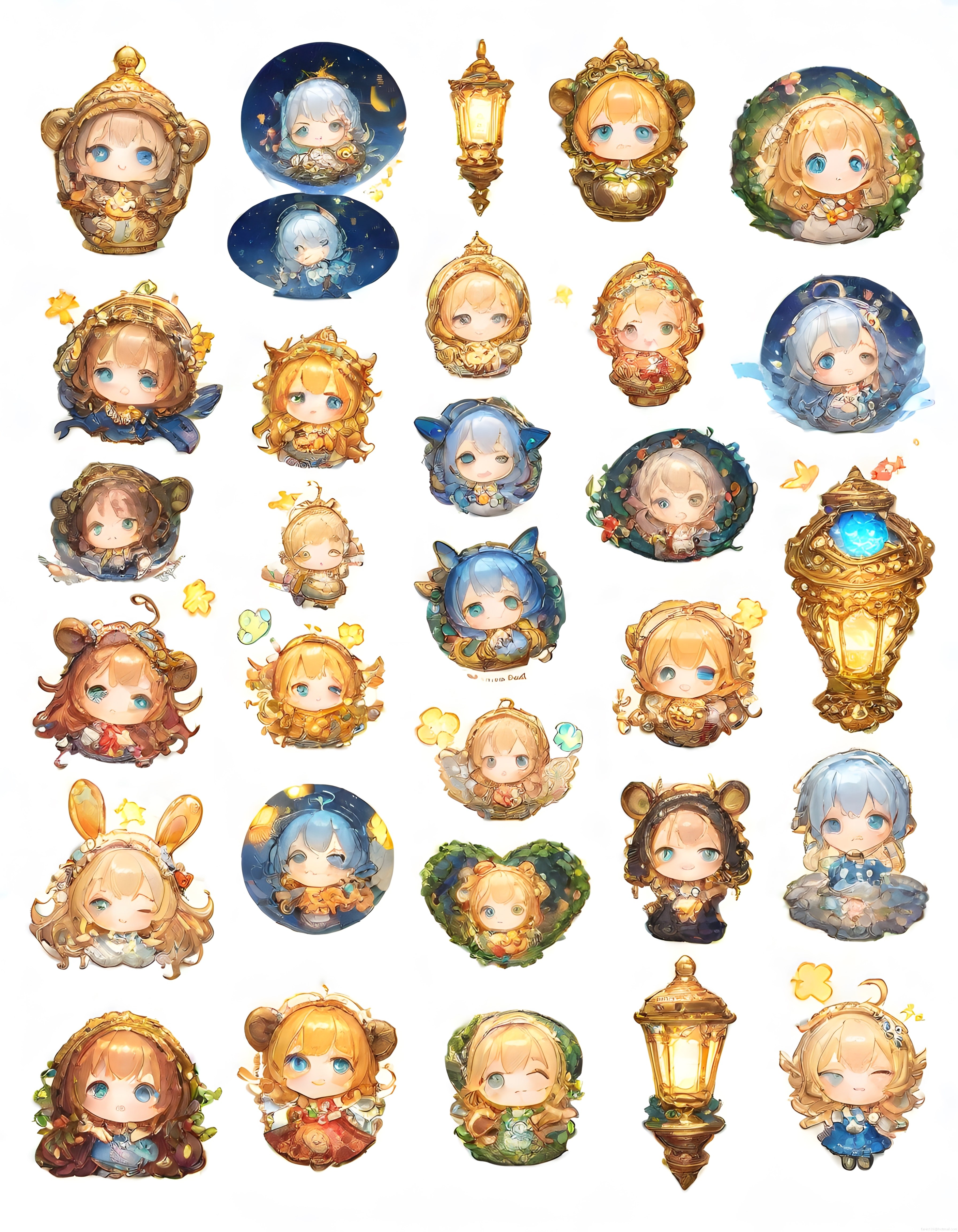 Chibi Anime Kızları ve Sihirli Lambalar: Sulu Boya Sticker Karakter Seti