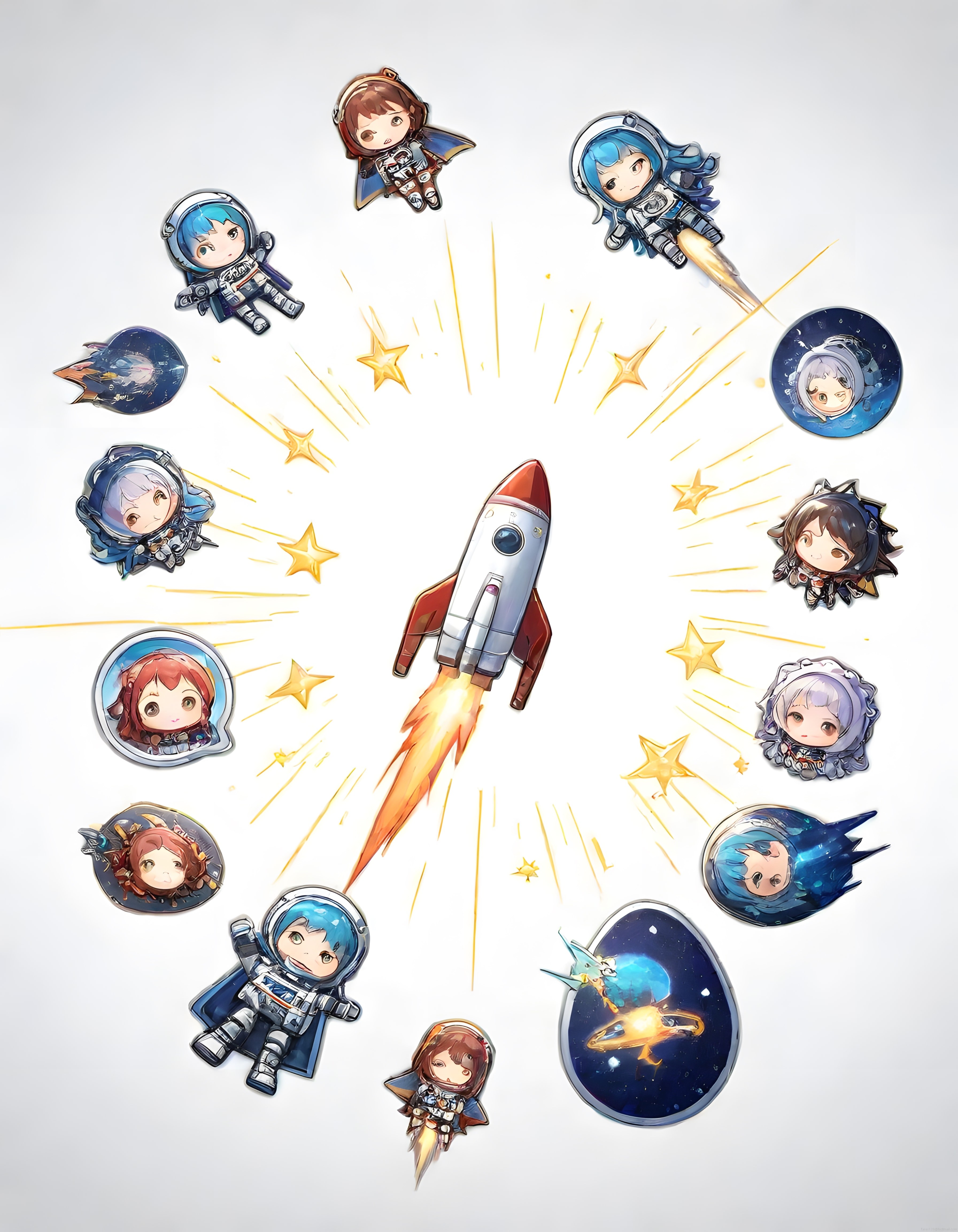 Chibi Astronotların Yıldızlar Arası Yolculuğu ve Roket Fırlatma Dijital Sanat