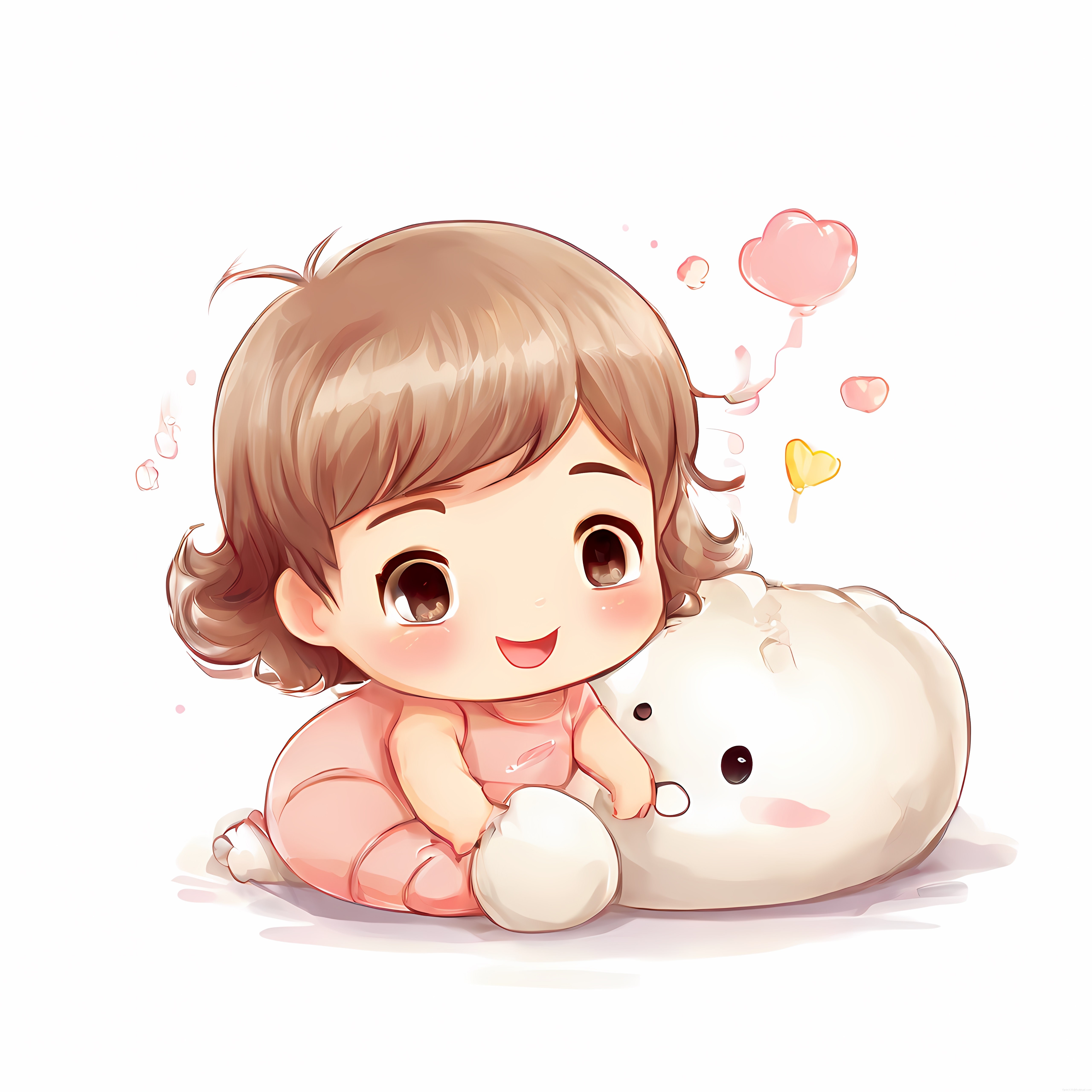 Chibi Bebek ve Hello Kitty Yastığı ile Pembe Rüya Temalı İllüstrasyon