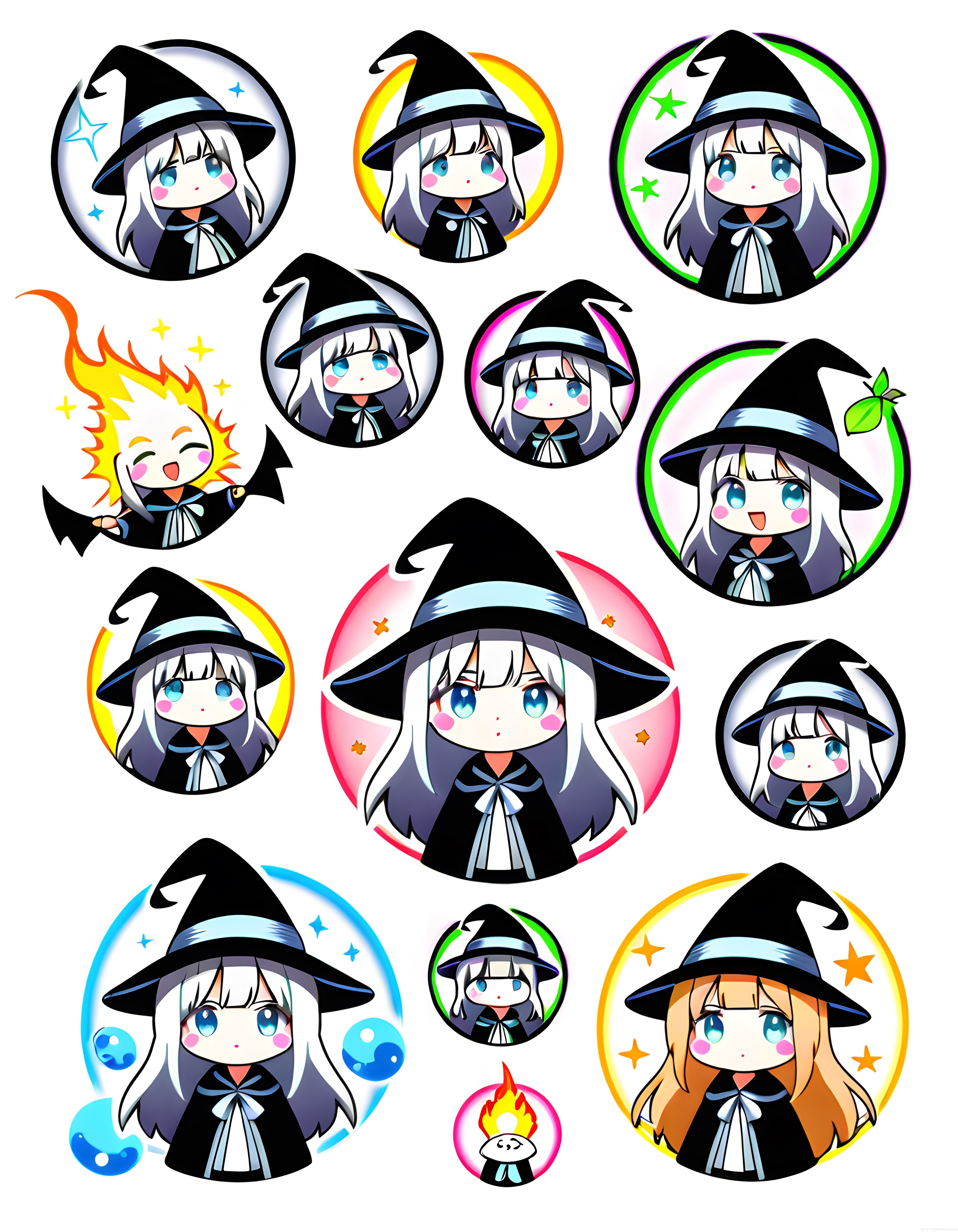 Chibi Cadı Karakterleri: Renkli Anime Stili Dijital Sanat ve Sticker Seti