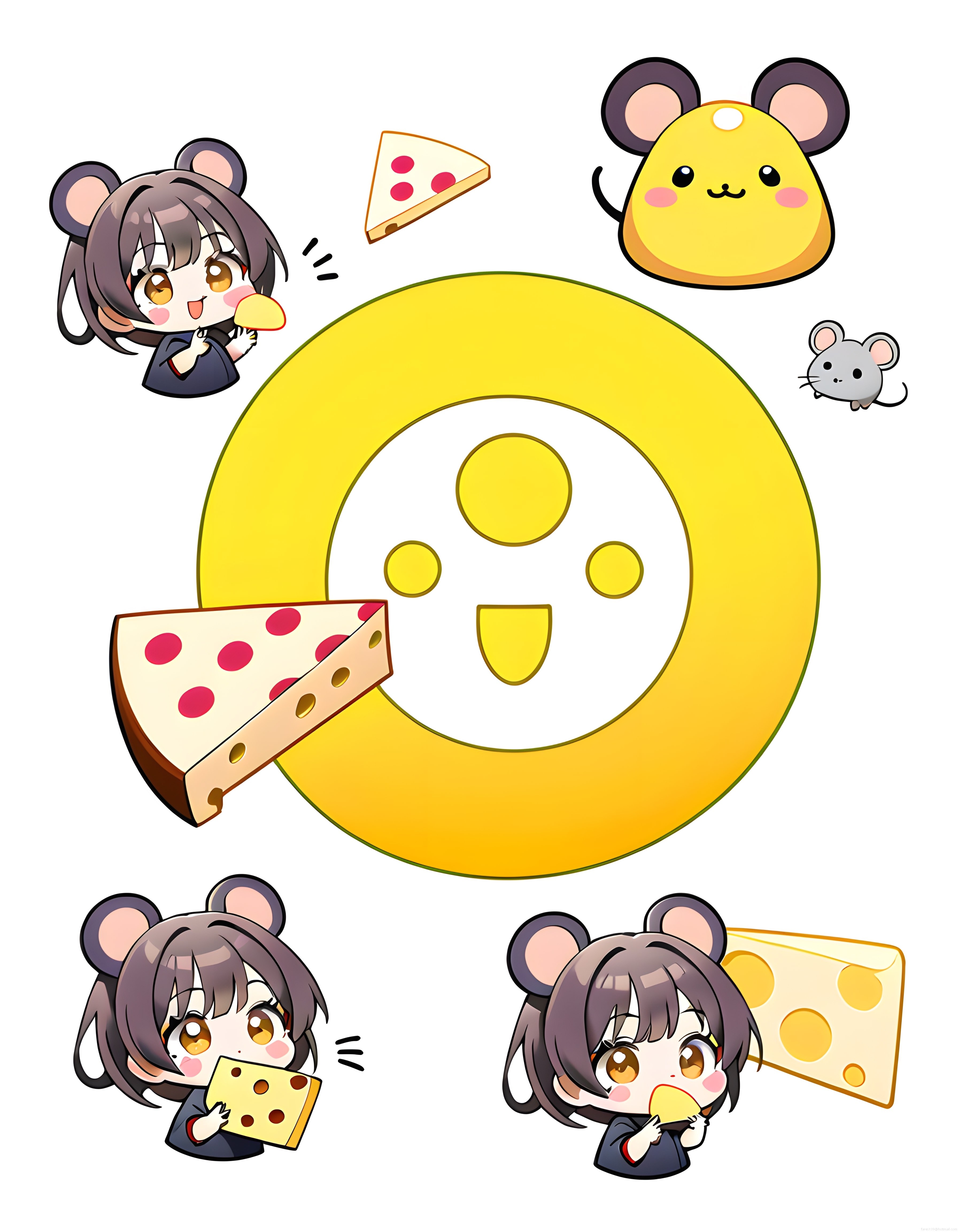 Chibi Fare Kulaklı Anime Kızlar ve Sevimli Peynir Temalı Kawaii Çizim
