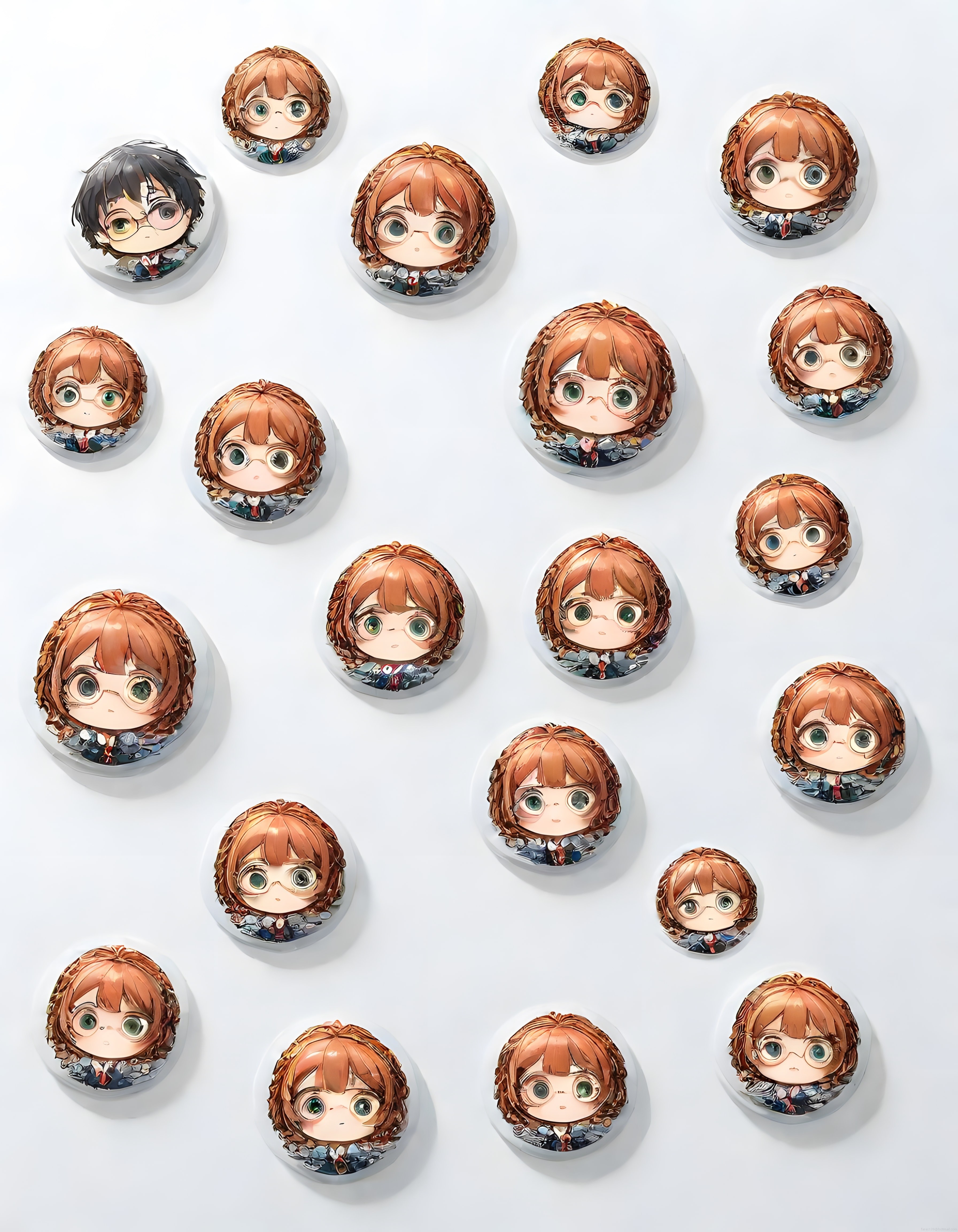 Chibi Harry Potter ve Hermione Anime Rozet Koleksiyonu Beyaz Fonda