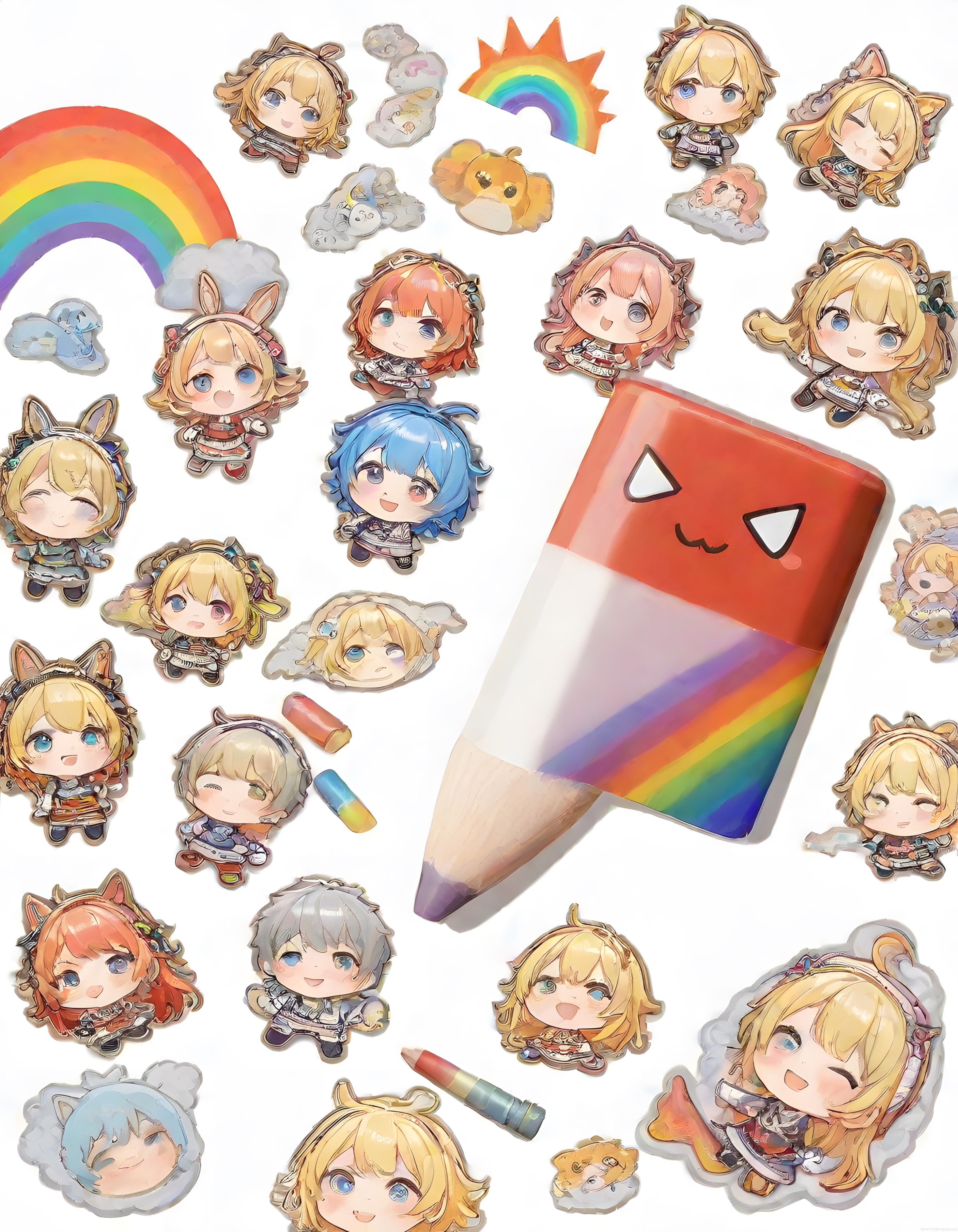 Chibi karakterler, gökkuşağı kalem ve renkli bulutlarla neşeli anime çizimi