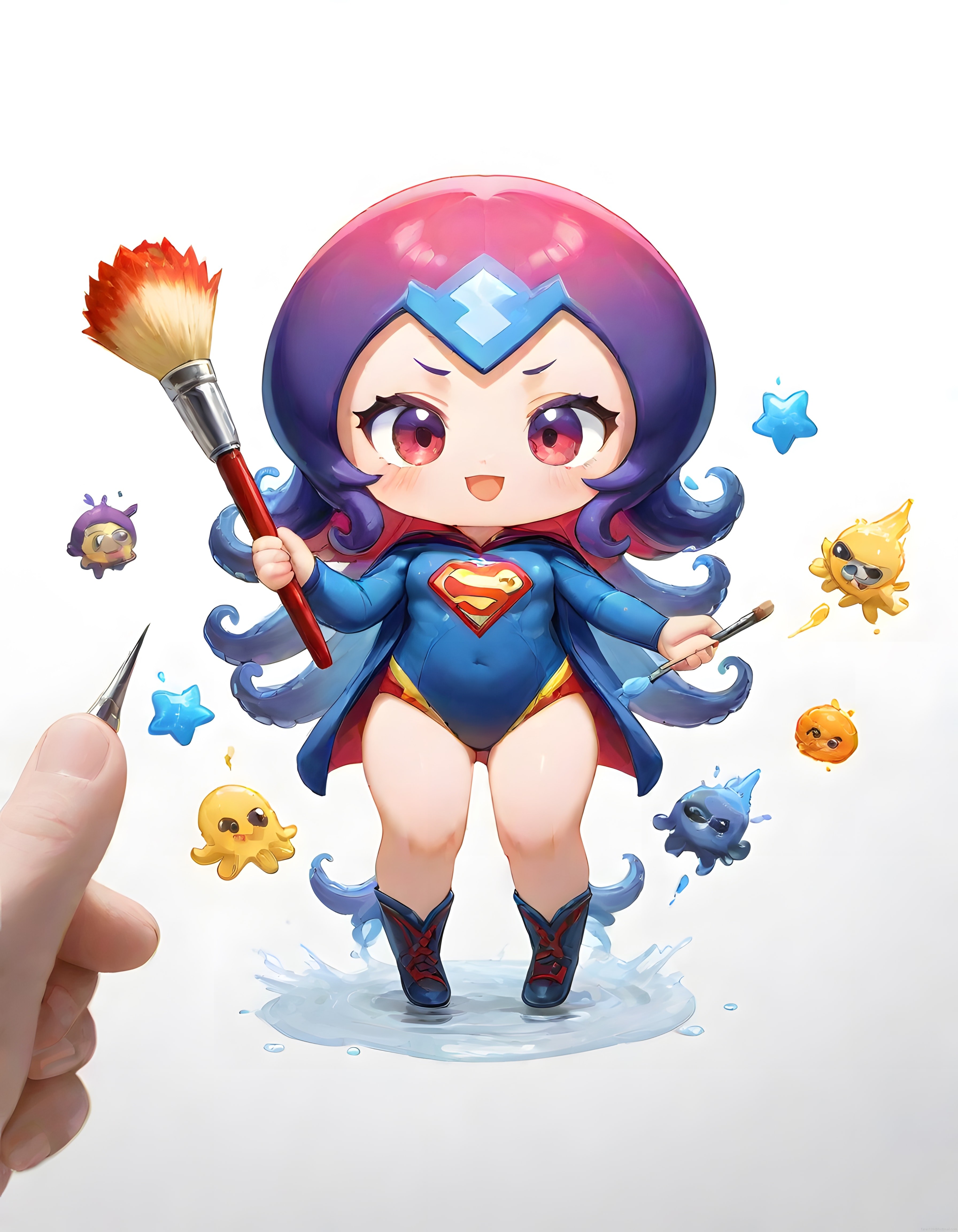 Chibi Süper Kız Fırça ve Canlı Boya Damlalarıyla Renkli Dijital Sanat