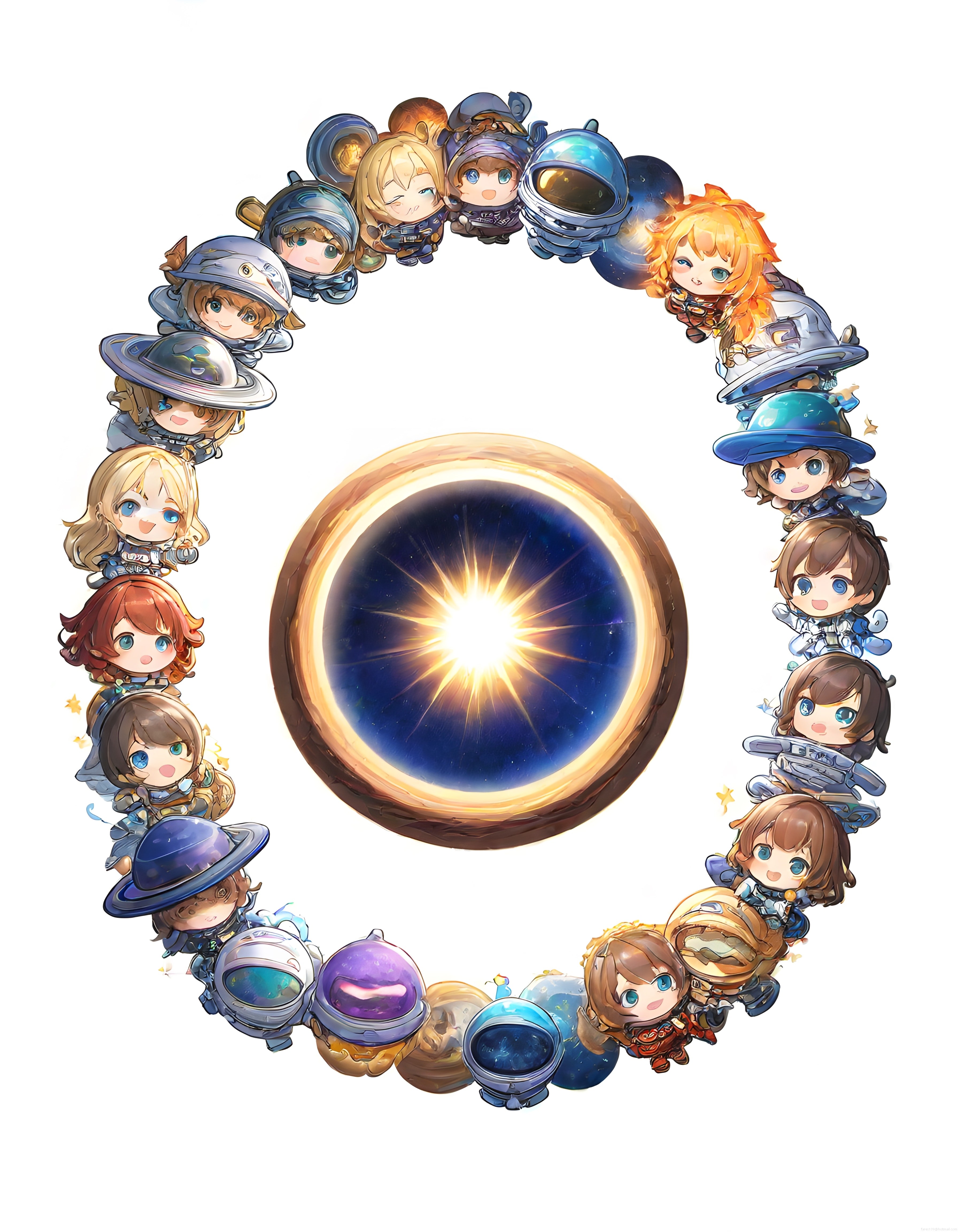 Chibi uzay kızları ve astronot kostümlü sevimli karakterlerin portal çerçevesi
