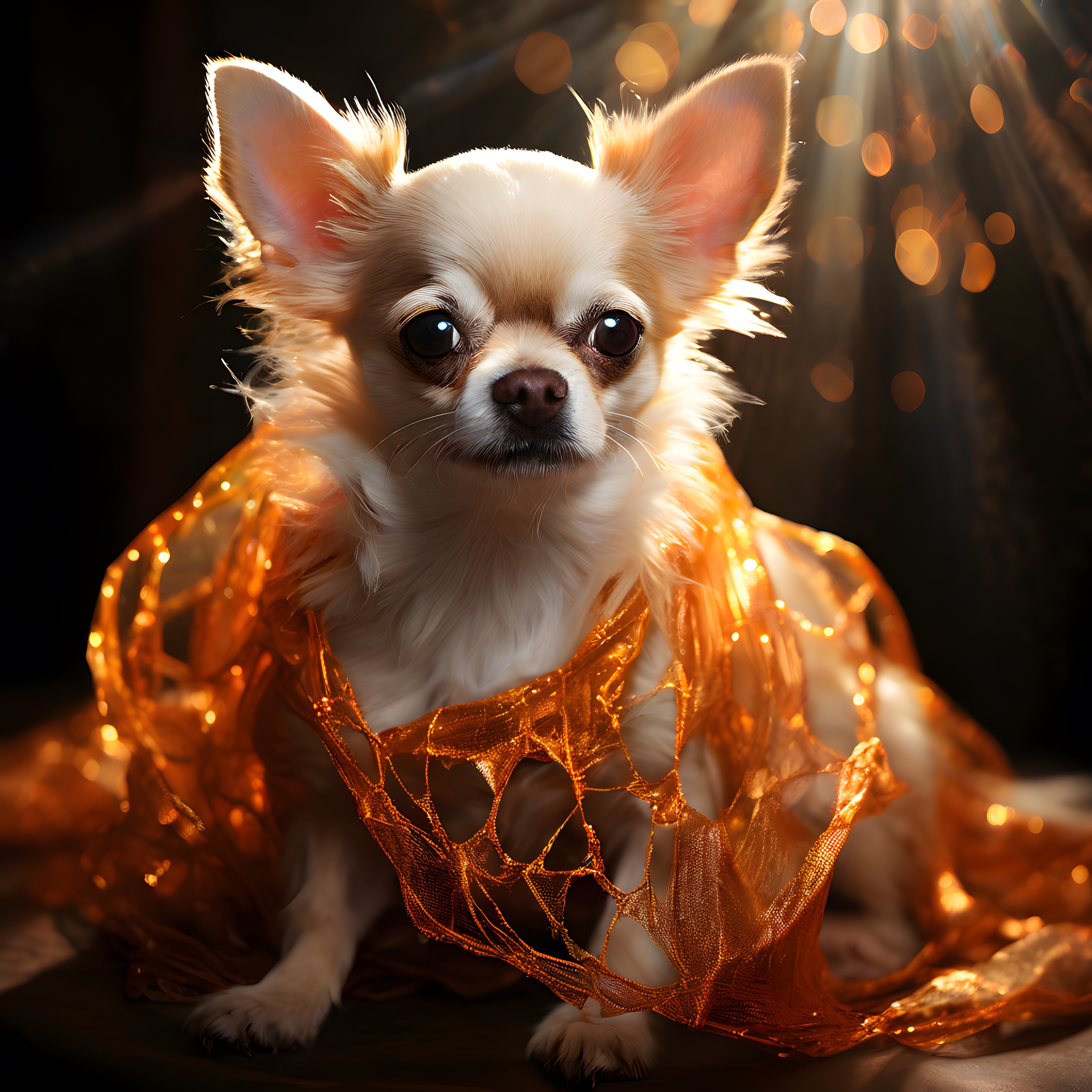 Chihuahua Köpeği Sıcak Turuncu Işıklar Altında Büyüleyici Poz Veriyor