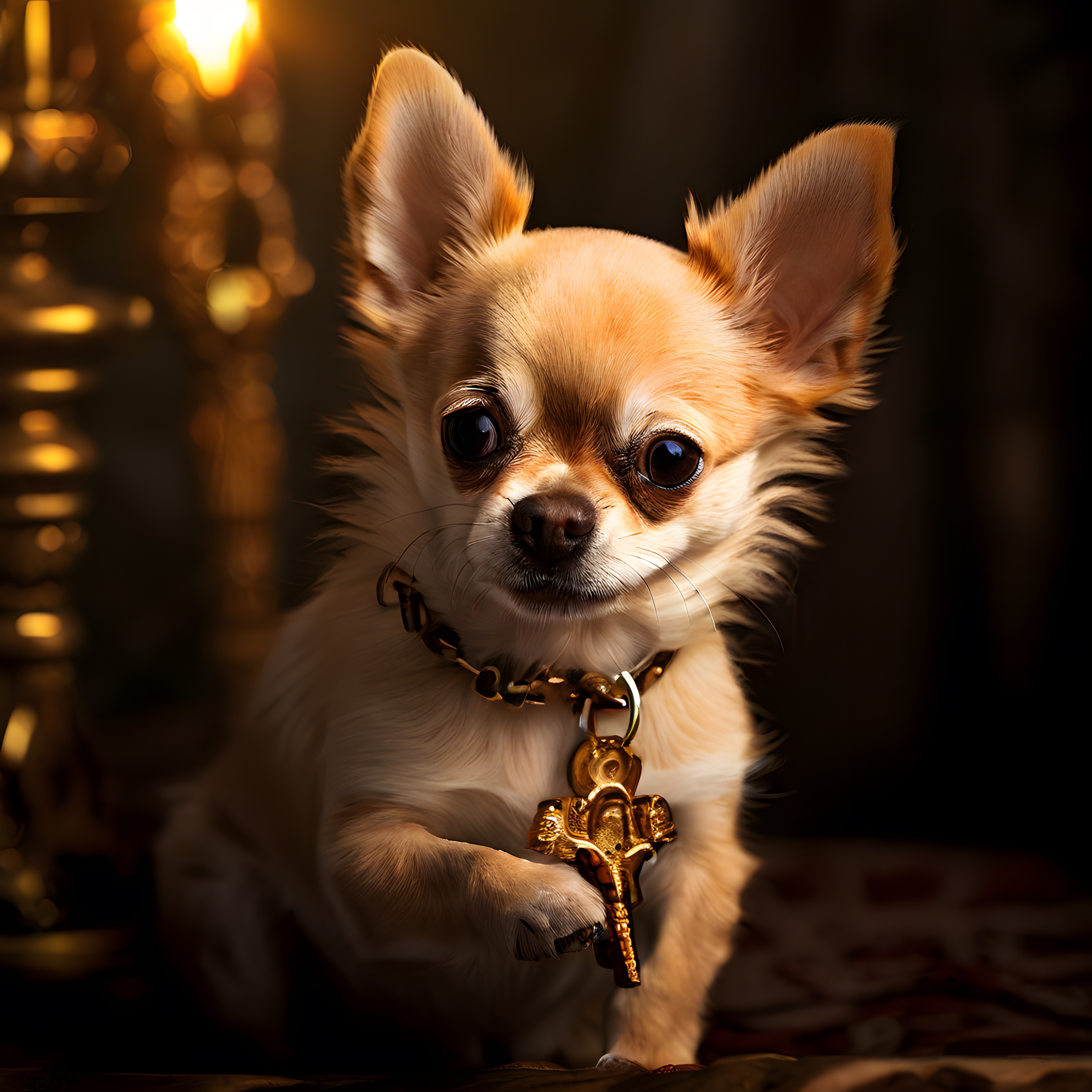 Chihuahua Köpeği ve Altın Haç Kolyesi: Sıcak Işıklar Altında Dini Bir Portre