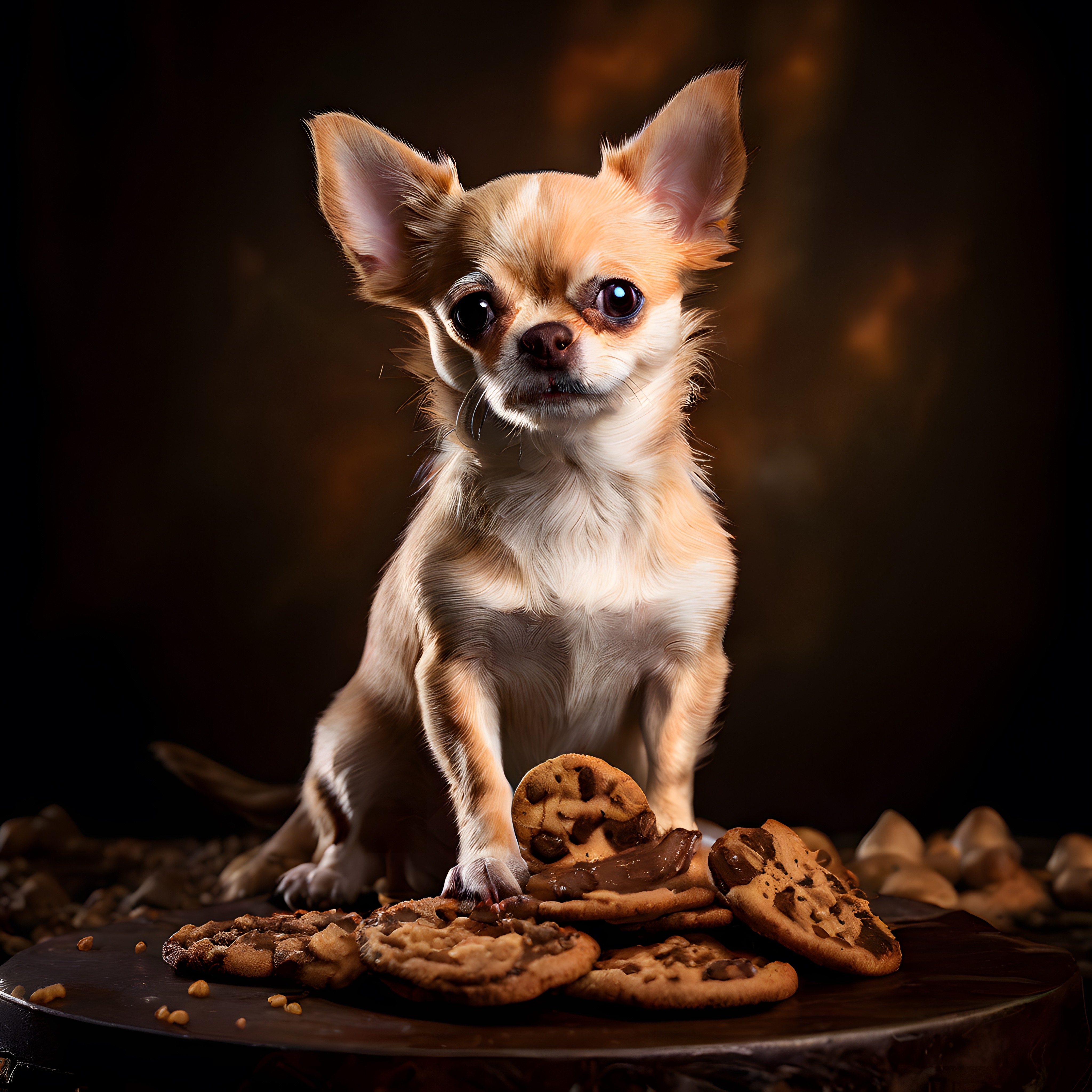 Chihuahua Köpeği ve Çikolatalı Kurabiyelerin Etkileyici Stüdyo Fotoğrafı