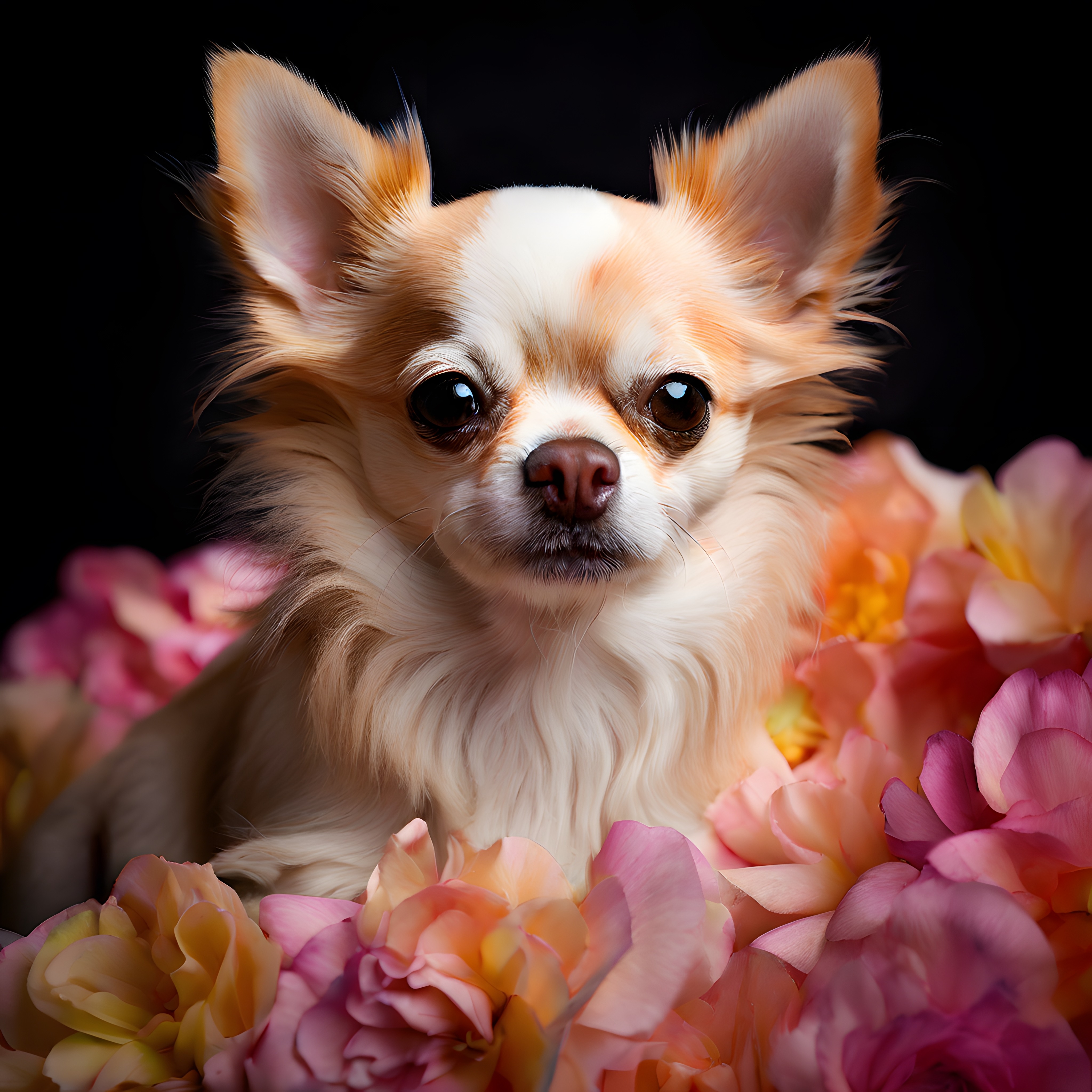 Chihuahua ve Yumuşak Renkli Şakayıkların Sarmaladığı Evcil Hayvan Portresi
