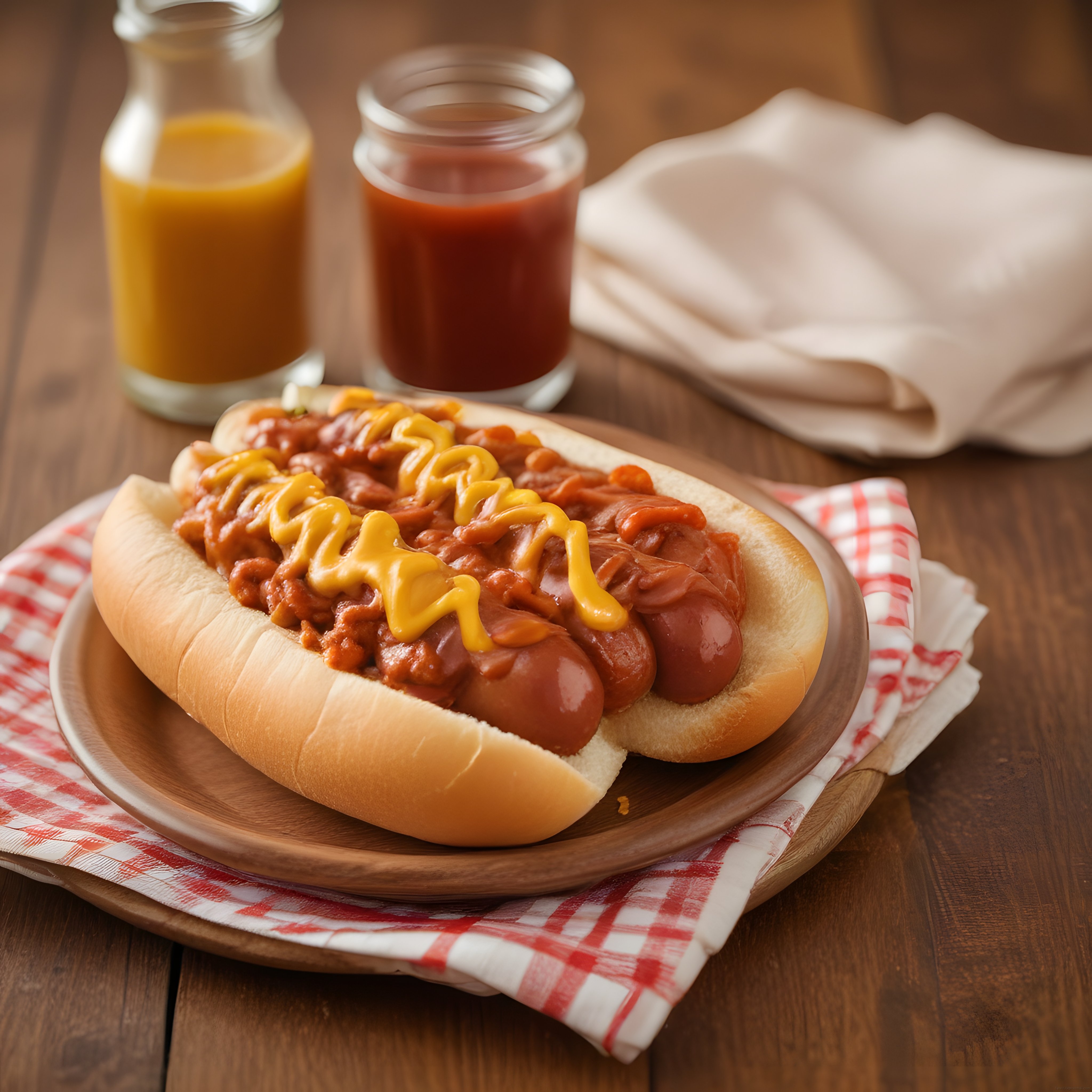 chili sos ve hardal ile süslenmiş nefis hot dog ahşap tabakta servis edildi