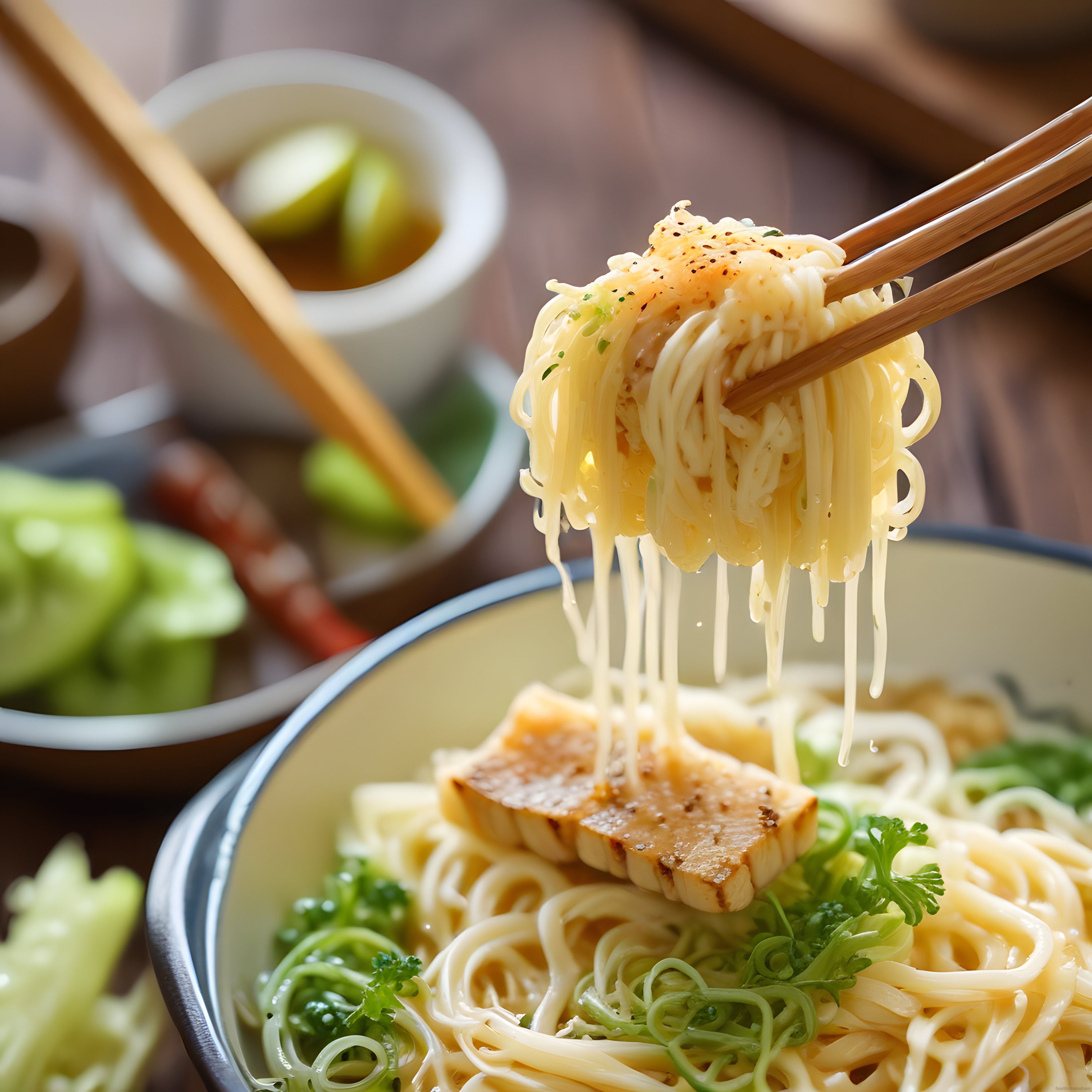 Chopsticklerle Tutulan Tavuklu Ramen Eriştesi ve Taze Sebze Süslemesi