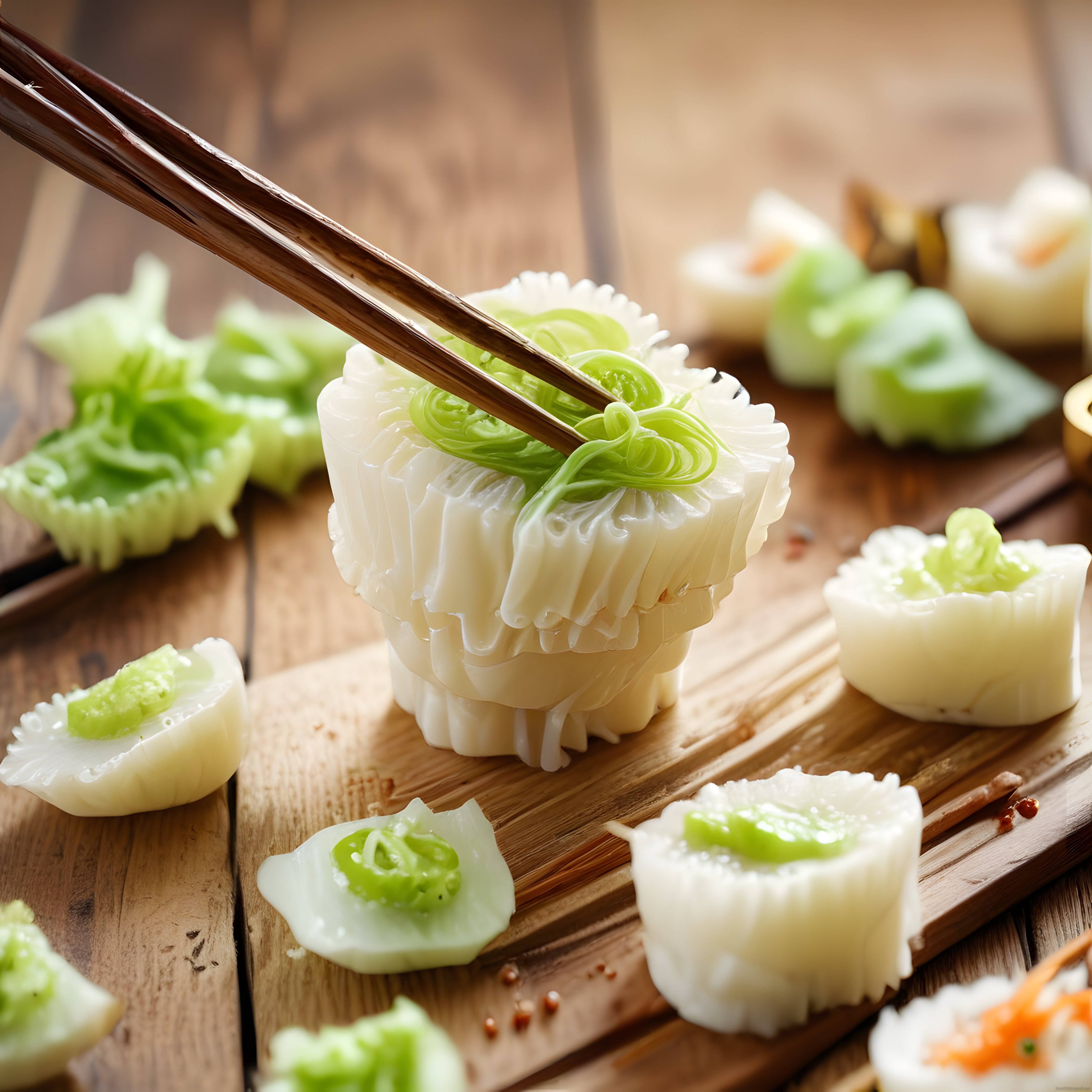 Chopsticks ile Tutulan Avokadolu Suşi Rulosu ve Ahşap Sunum Detayları