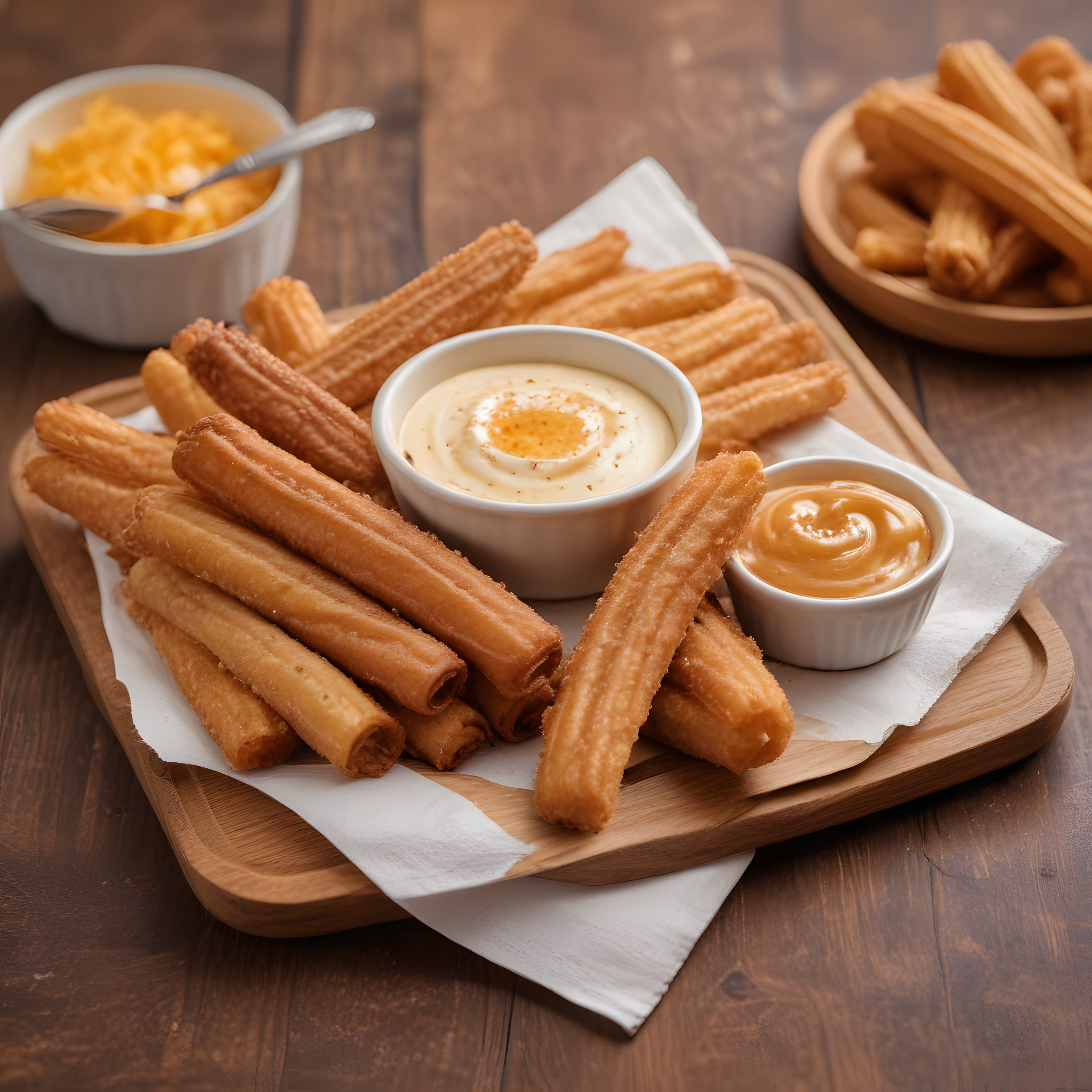 churros karamel ve kremalı sos ile ahşap tahta üzerinde nefis atıştırmalık