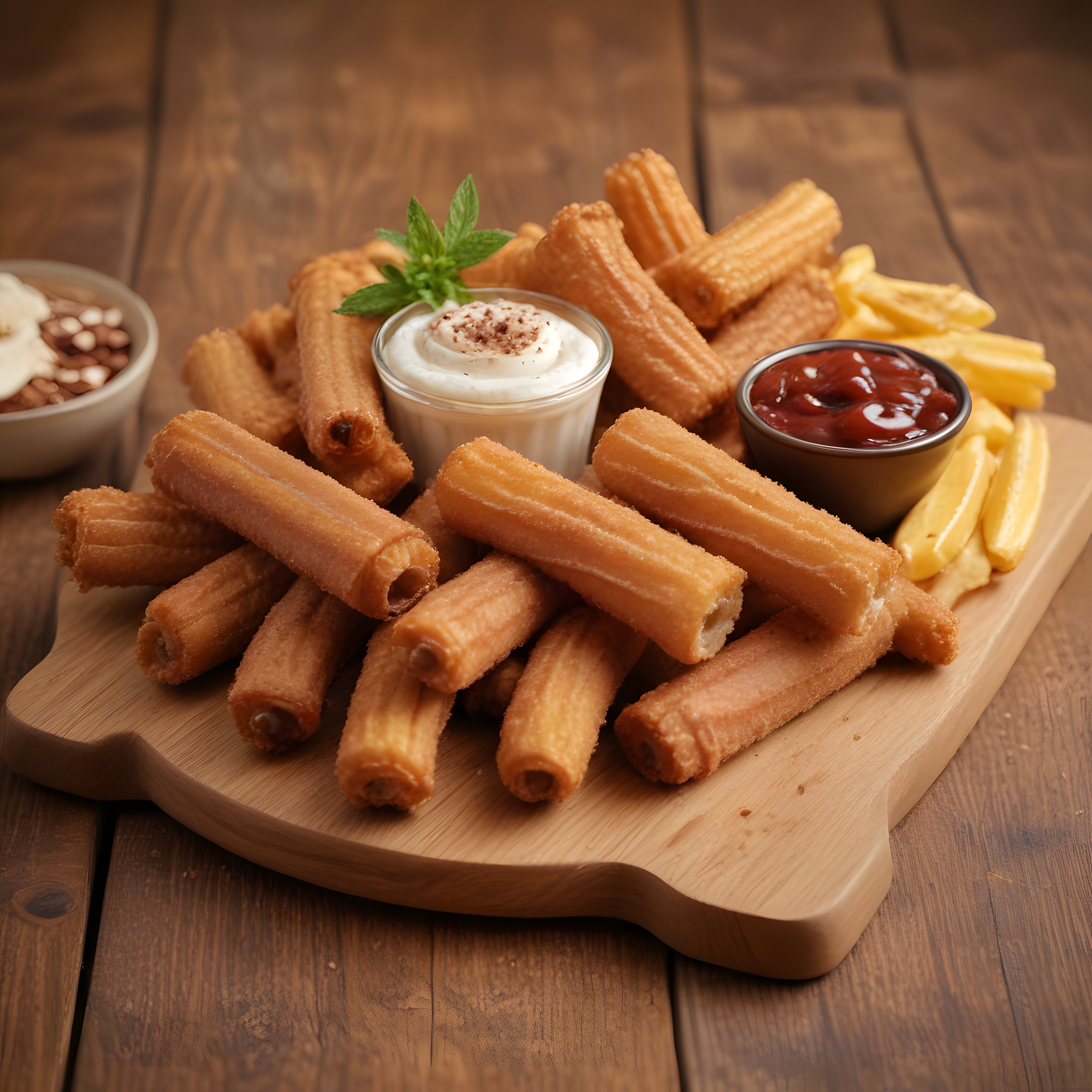 Churros ve Patates Kızartması: Soslarla Buluşan Ahşap Sunum Lezzeti