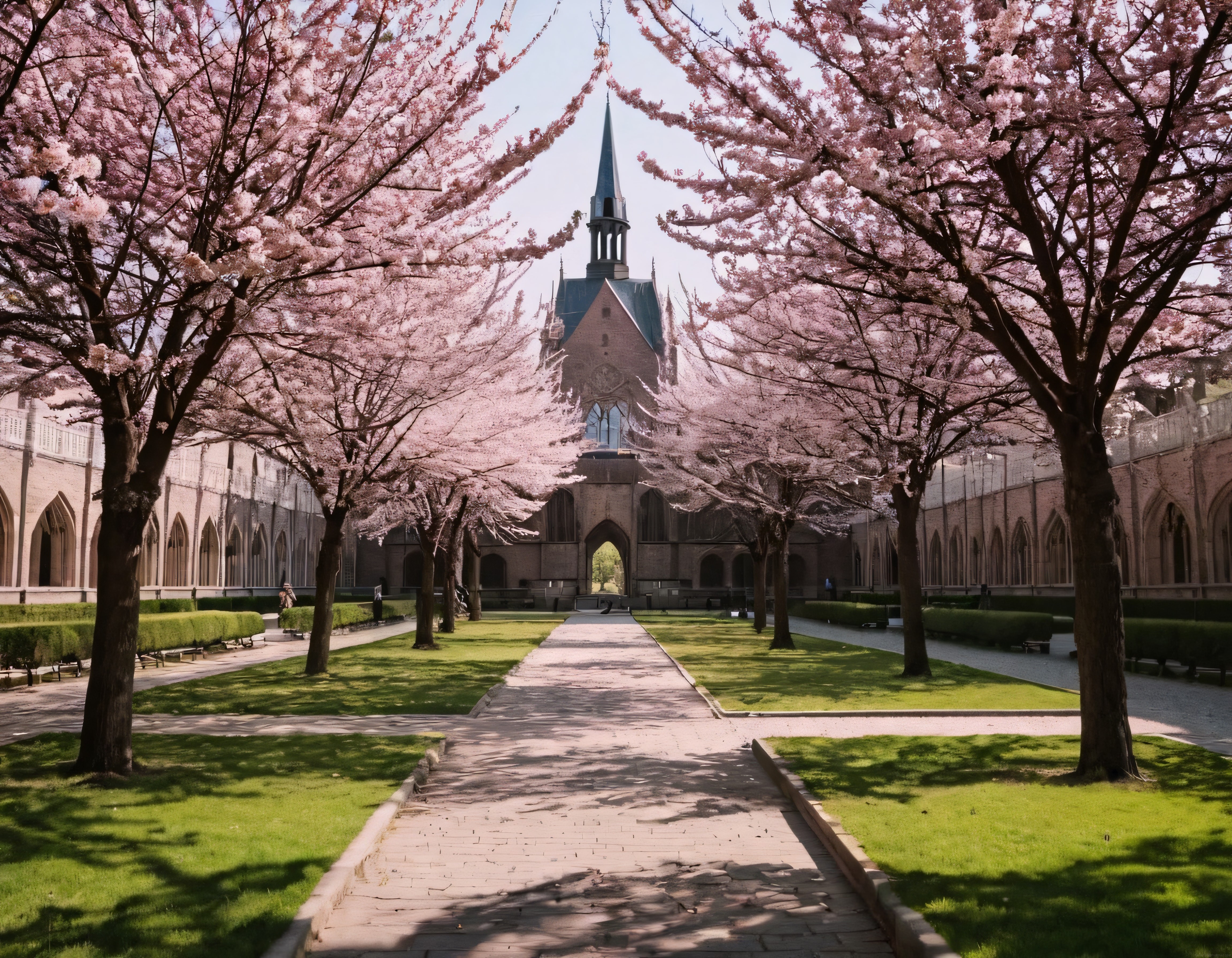 Çiçek açmış bahçe ve gotik katedral manzarasıyla huzurlu bahar atmosferi