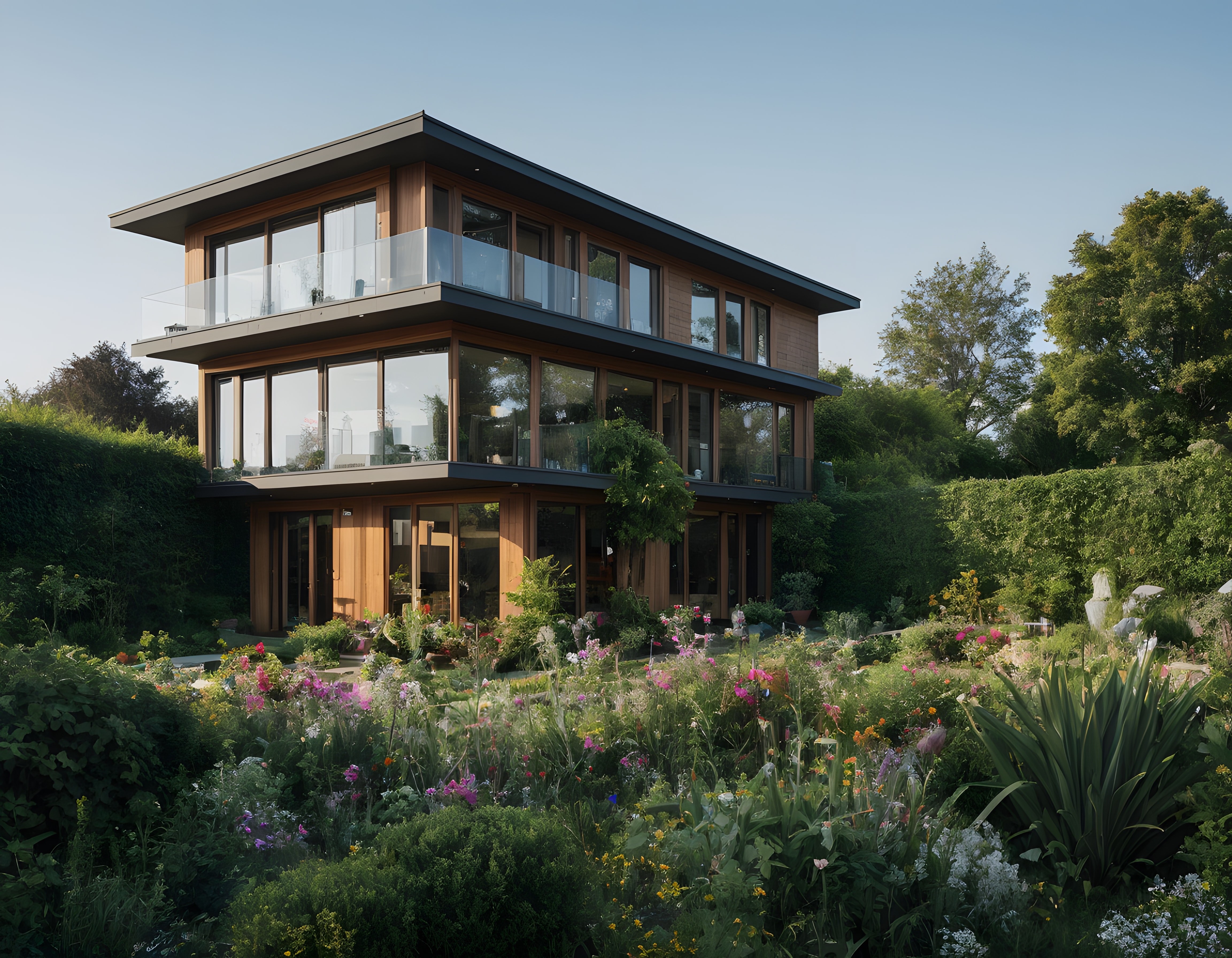 Çiçek bahçesi içinde modern ahşap cepheli üç katlı lüks villa manzarası