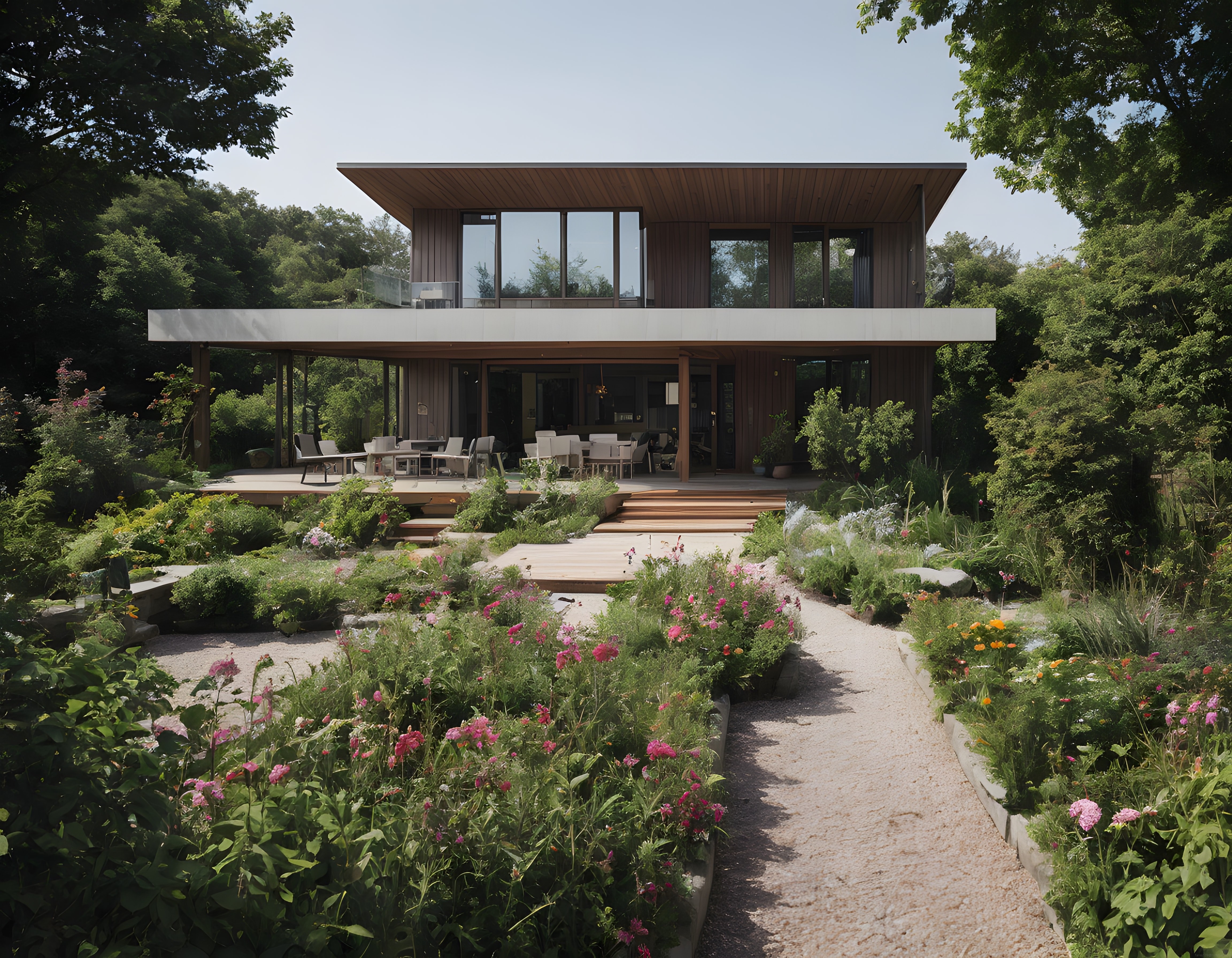 Çiçek Bahçesiyle Çevrili Lüks Modern Villa ve Orman Manzarası